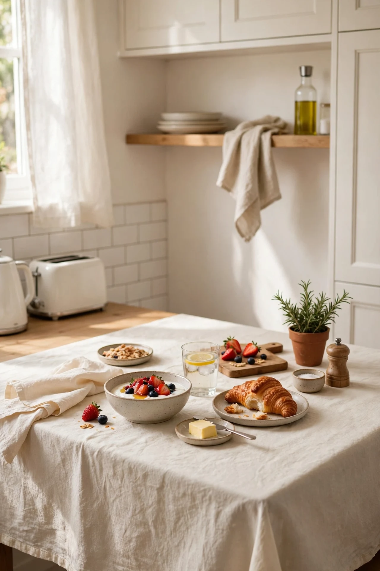 Cream tablecloth dressed breakfast table in warm white kitchen