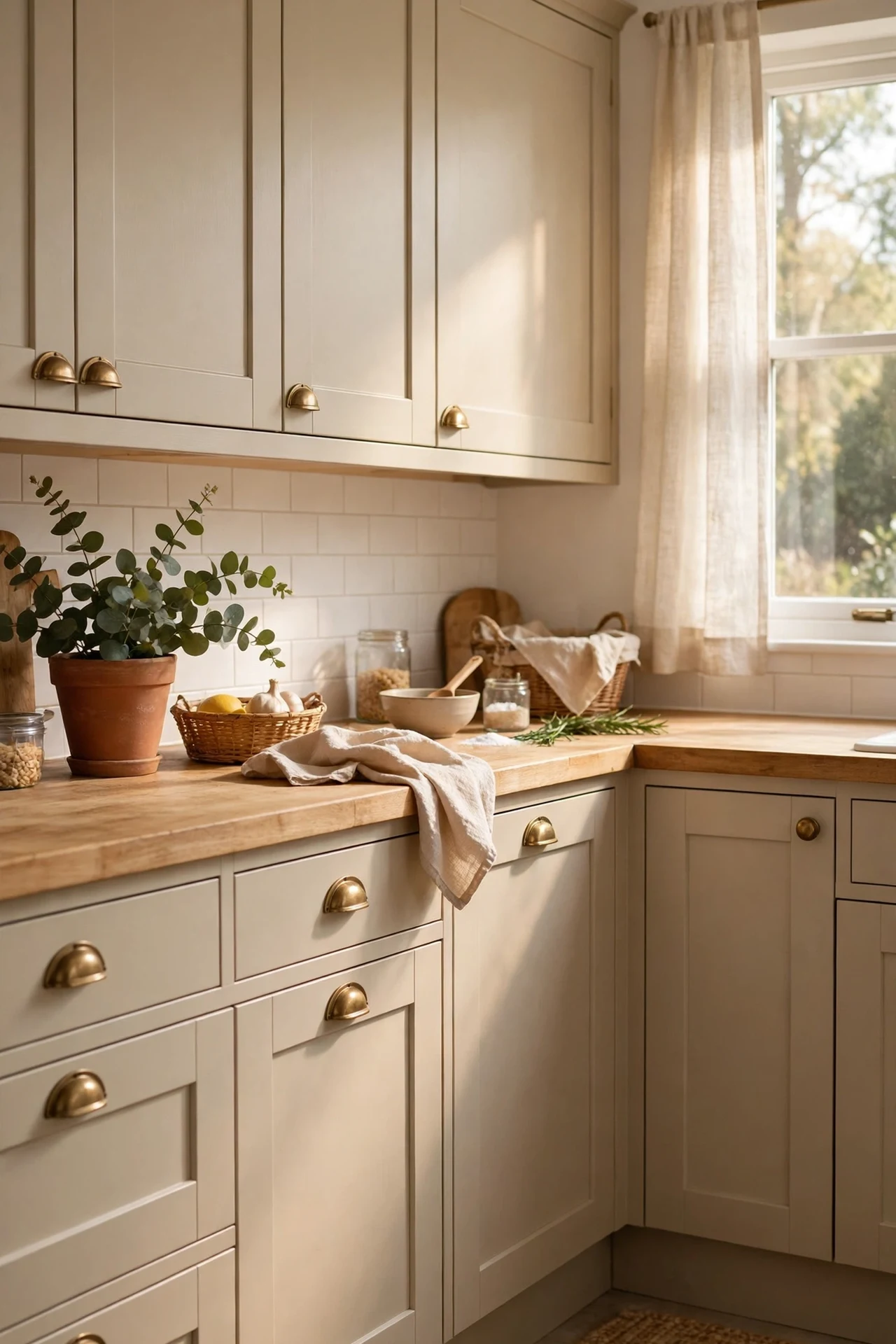Beige shaker kitchen cabinets with brass cup pulls