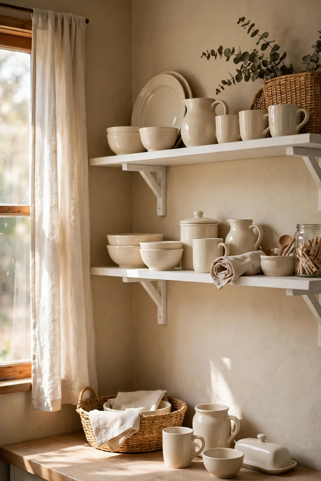 Warm greige kitchen walls with white open shelves