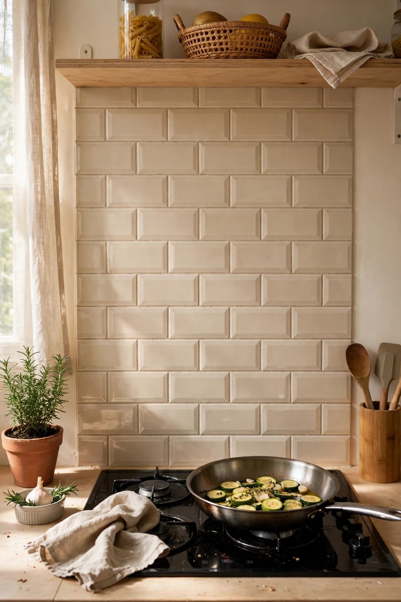Oatmeal subway tile kitchen splashback behind hob