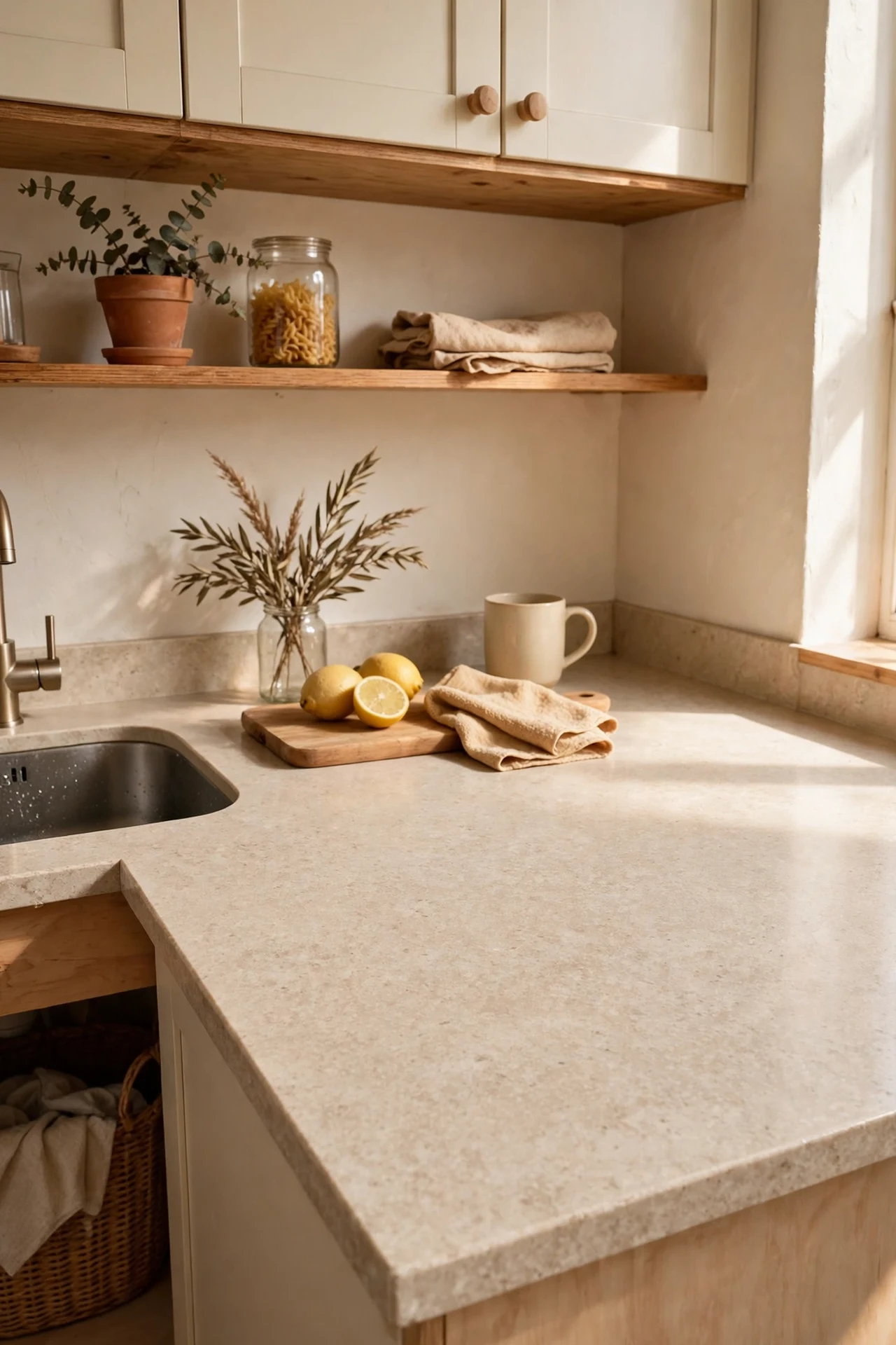 Beige quartz-look laminate kitchen worktop overlay