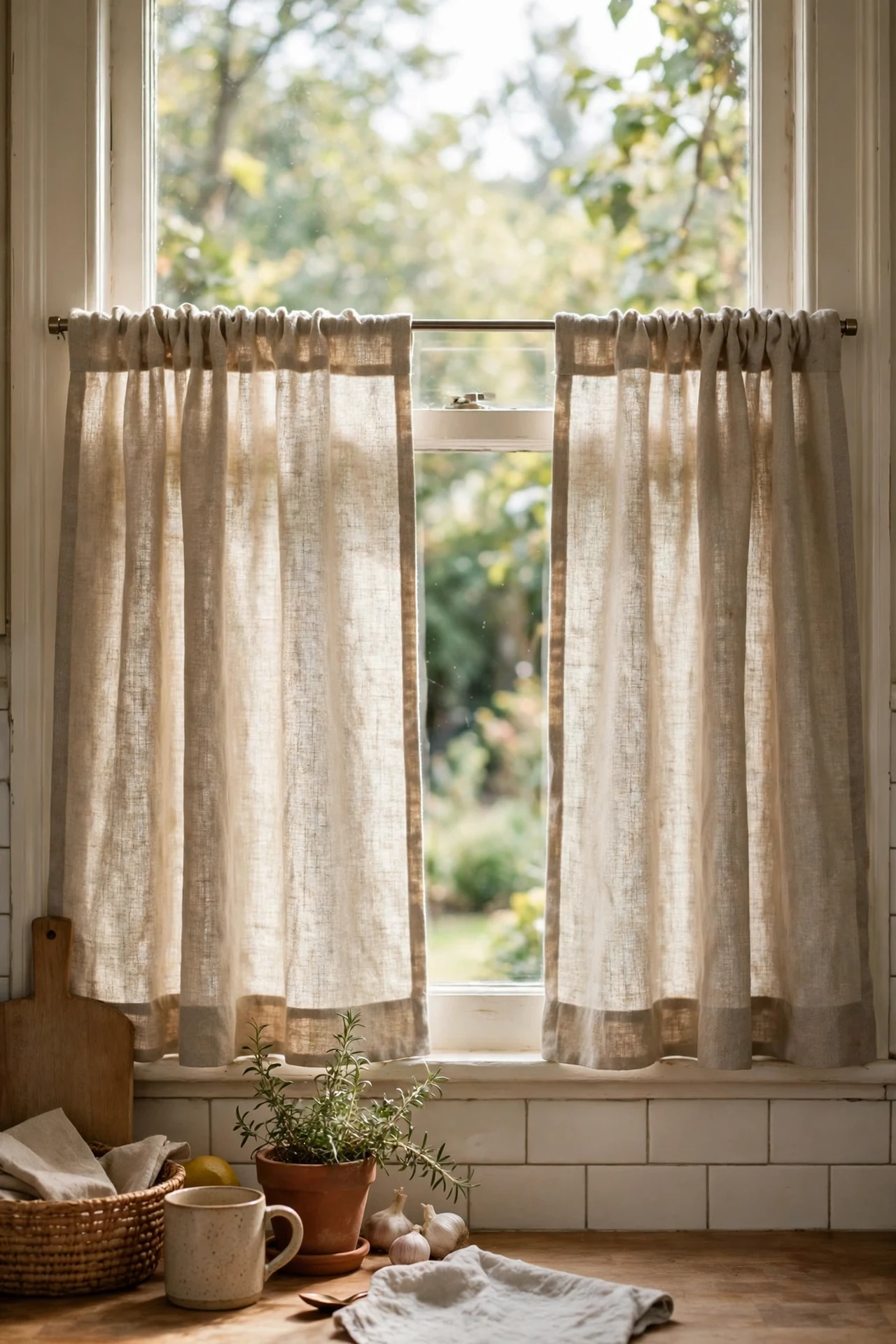 Oatmeal linen cafe curtains on kitchen window