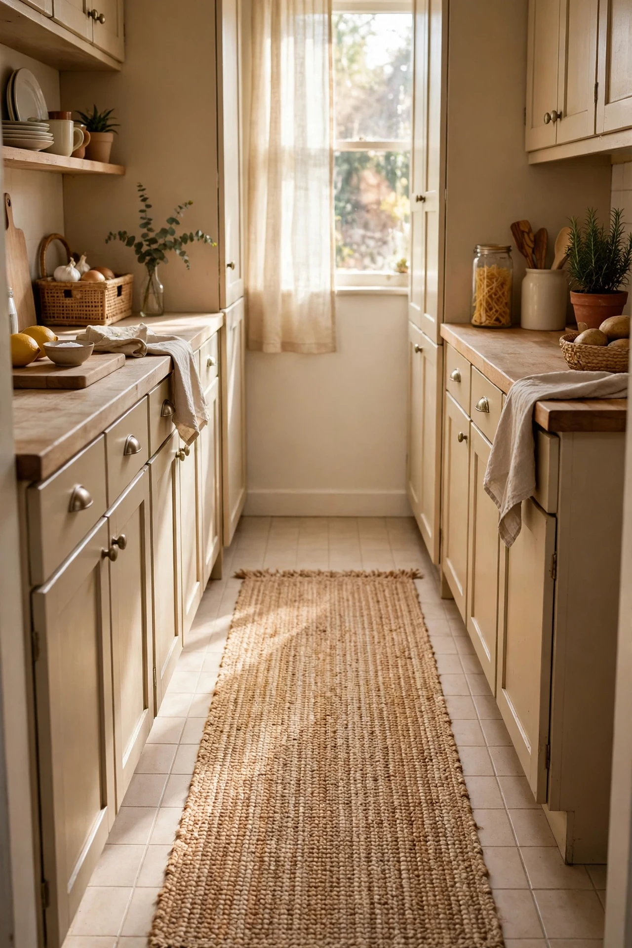 Natural jute runner rug in beige galley kitchen