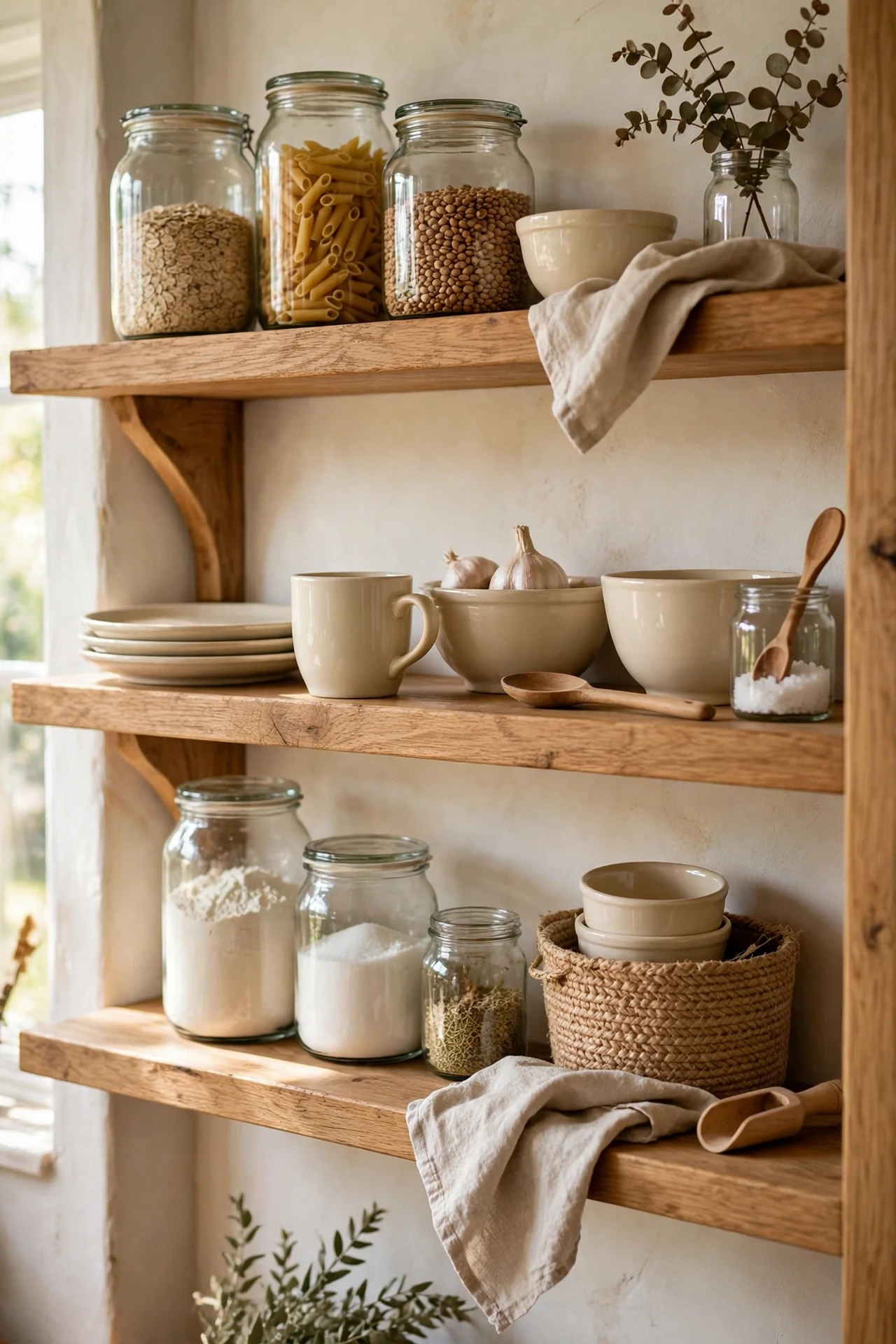 Open oak kitchen shelves styled with cream ceramics