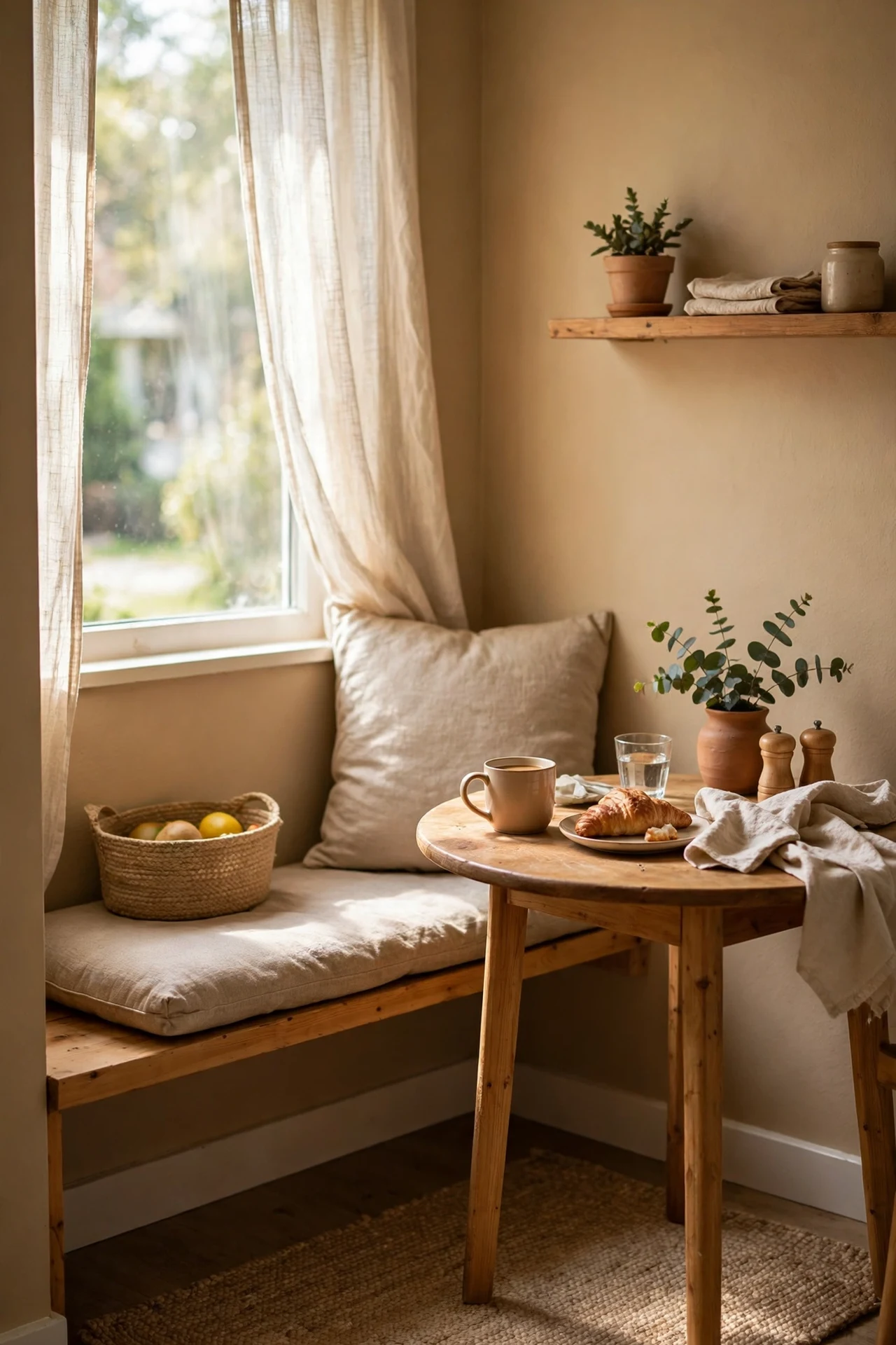 Sand coloured painted breakfast nook in kitchen