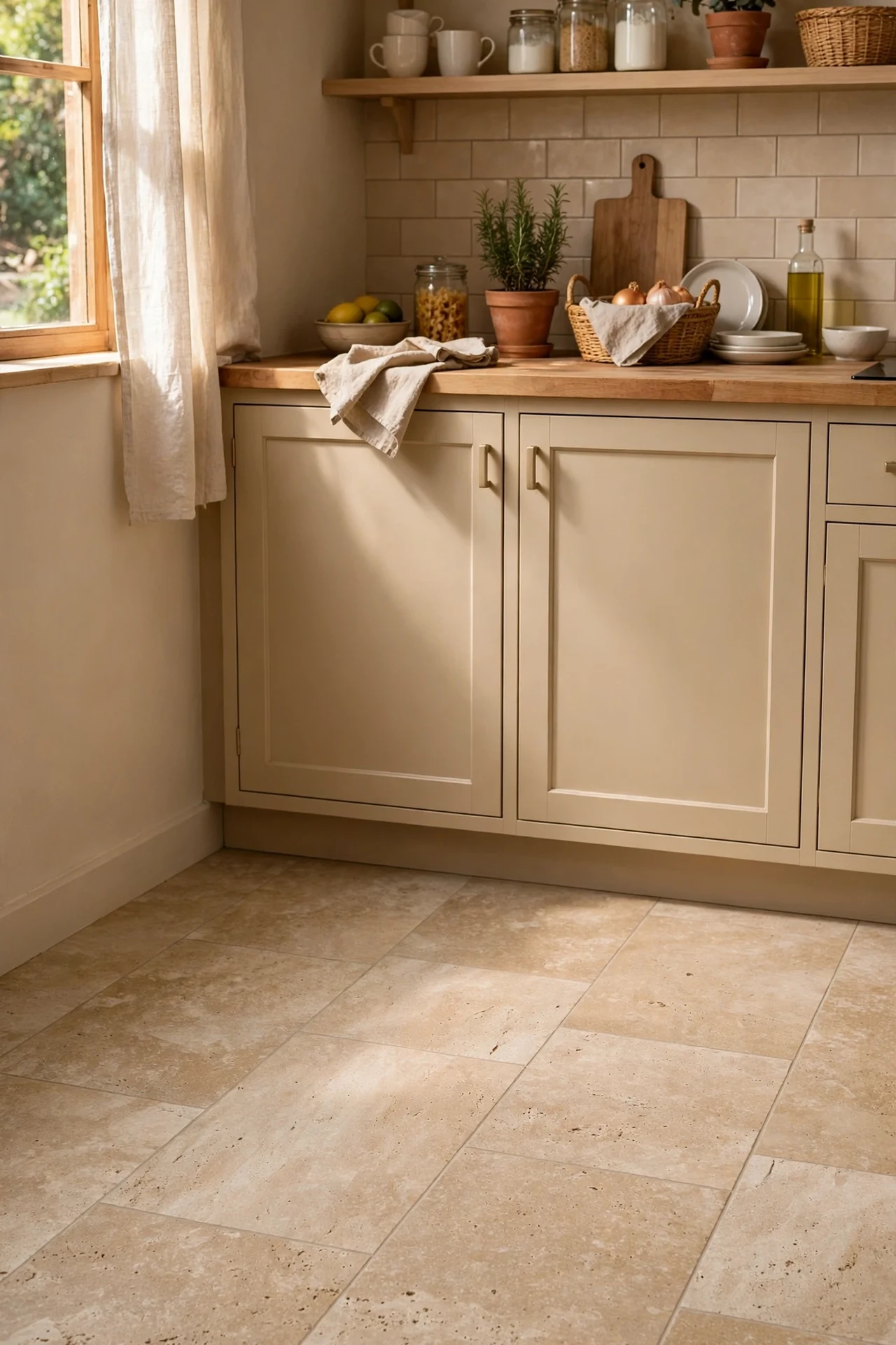Travertine look vinyl floor tiles in kitchen
