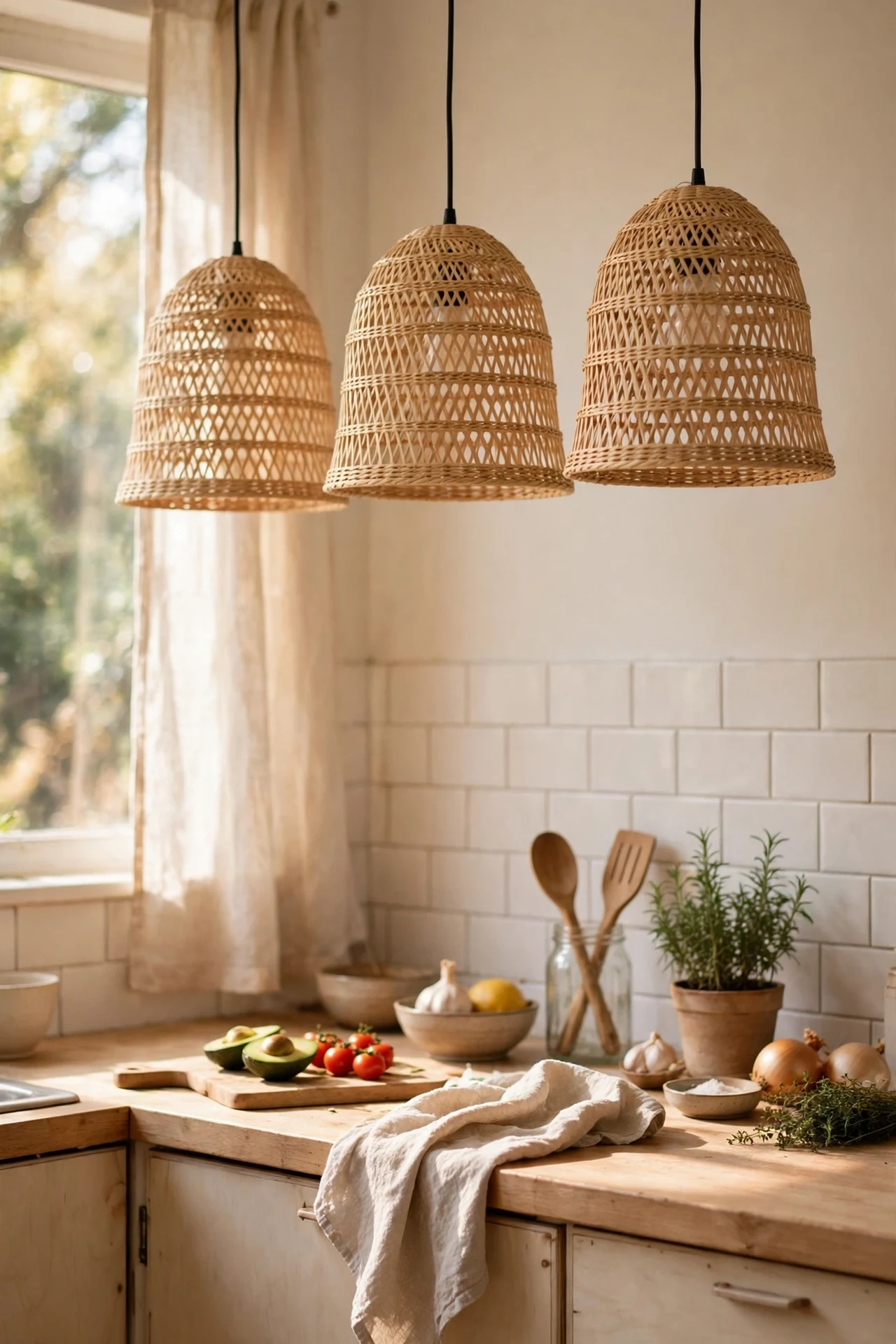 Beige rattan pendant lights over kitchen worktop