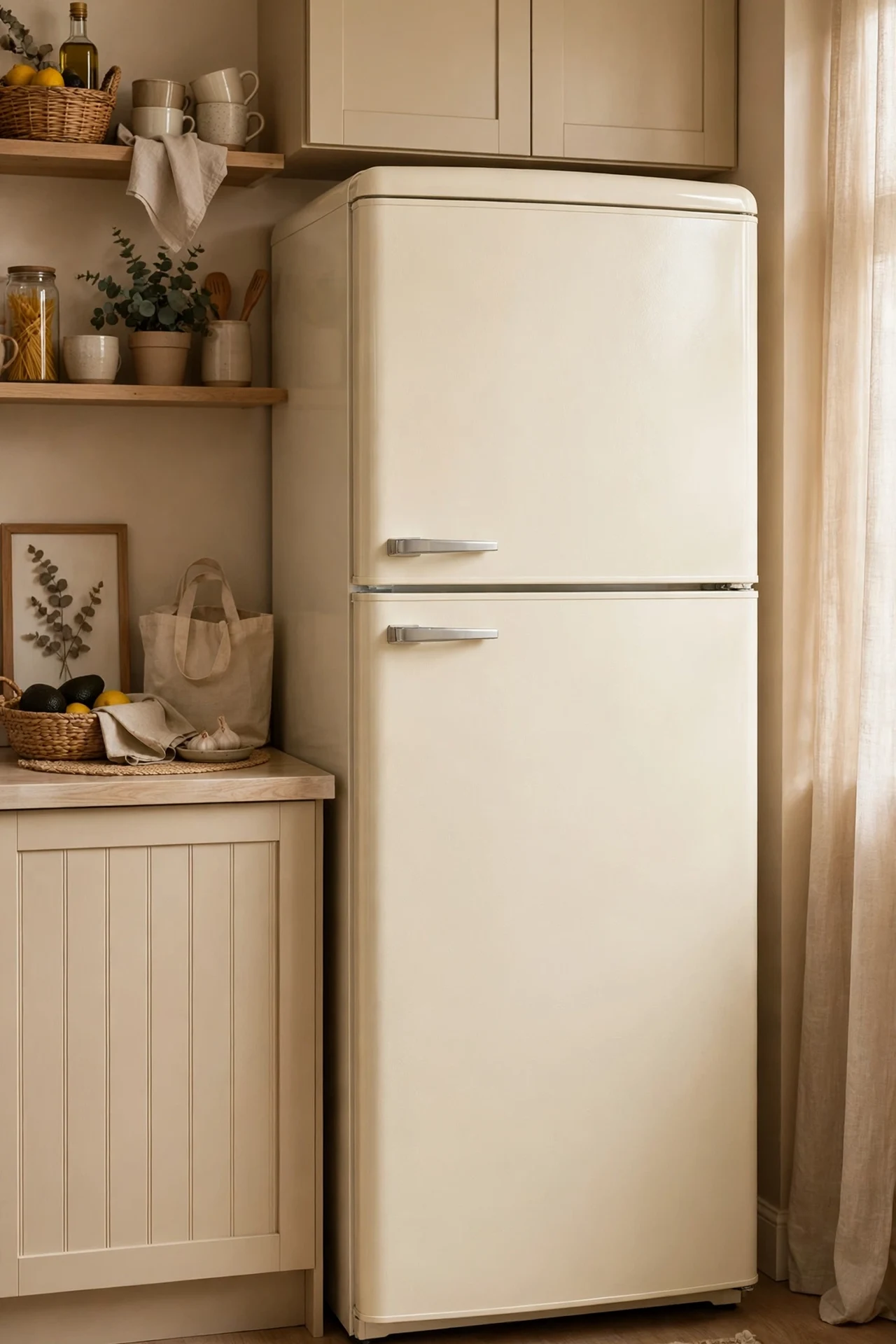 Cream vinyl wrapped fridge in beige kitchen