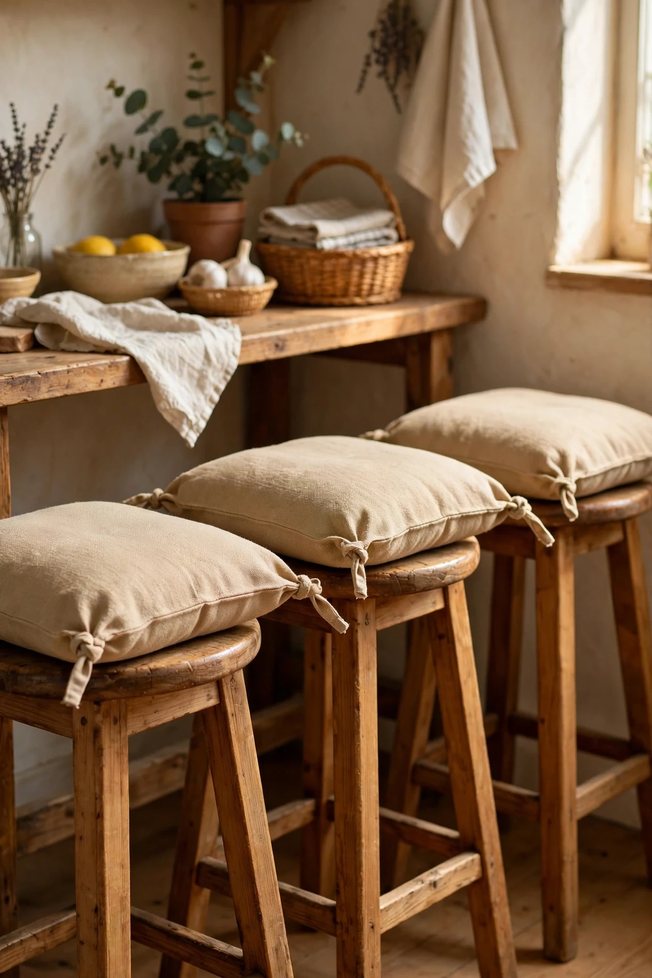 Biscuit toned no-sew cushions on kitchen stools