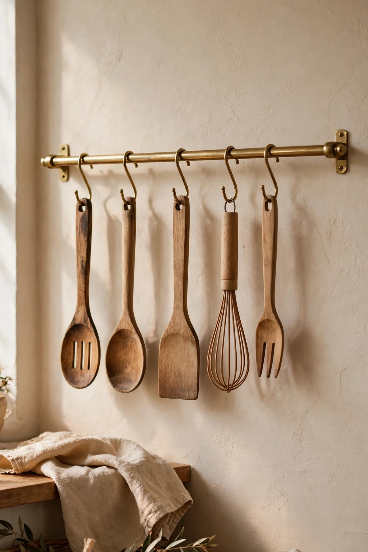 Brass rail with hanging wooden kitchen utensils