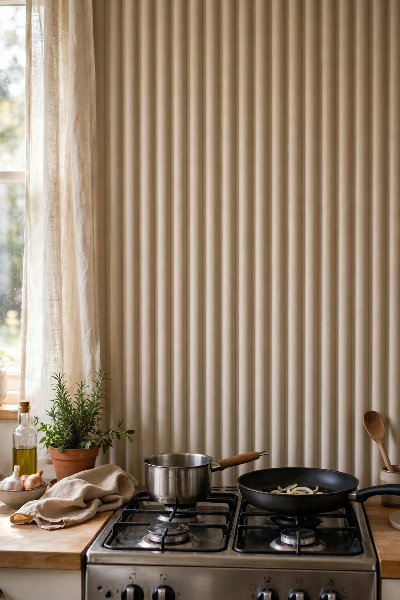 Fluted beige wall panel behind kitchen cooker