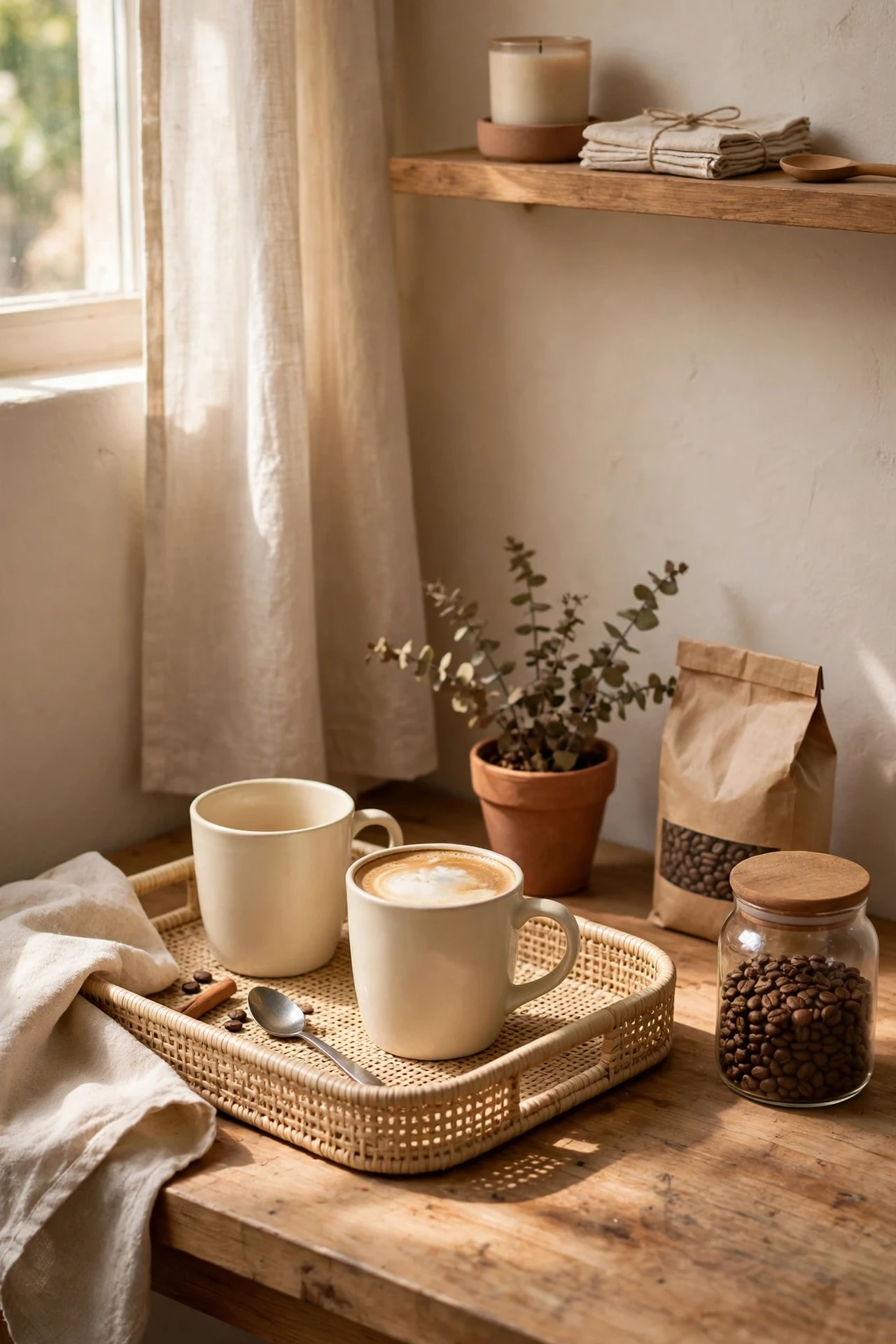 Latte toned coffee corner on kitchen worktop