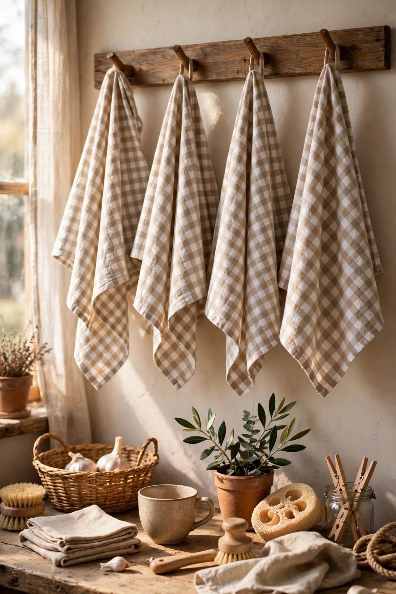 Beige and white checked tea towels on rail