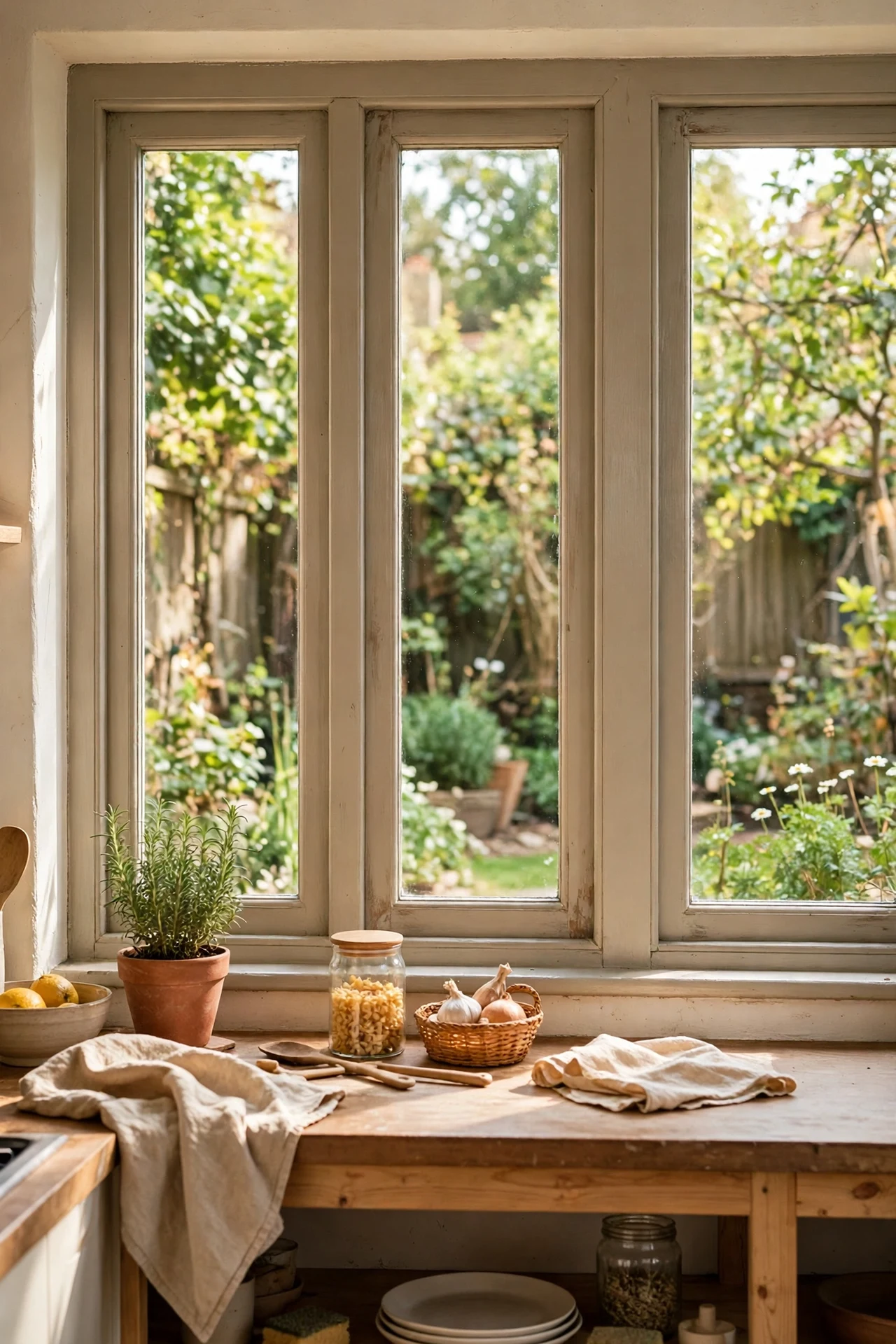 Greige painted kitchen window frames