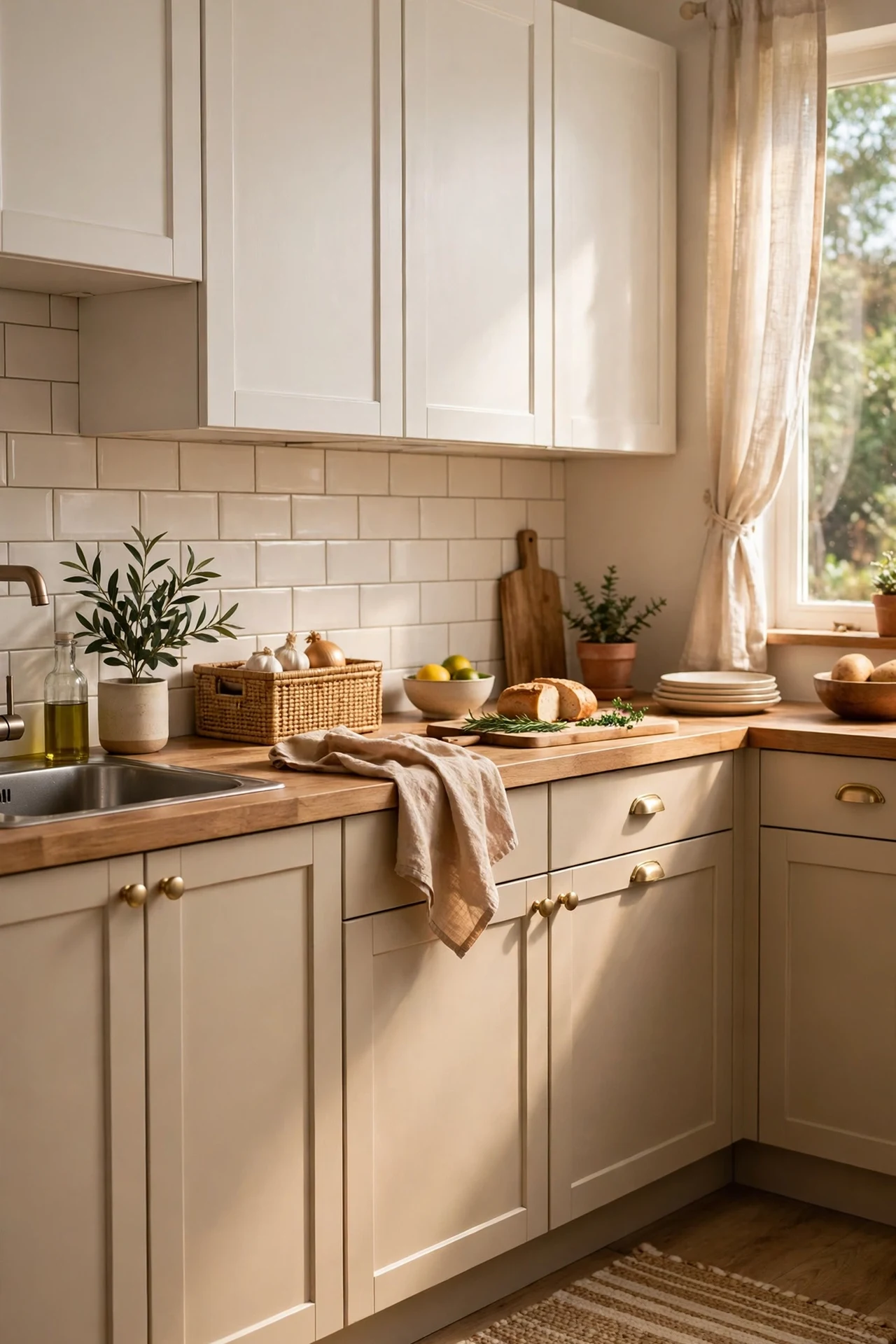 Two-tone beige and warm white kitchen cabinets