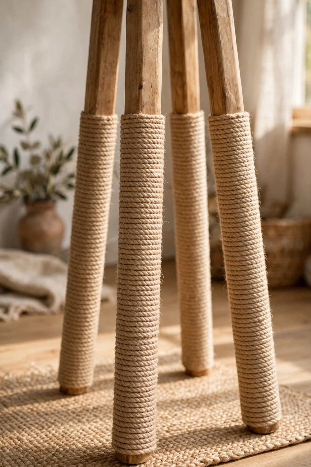 Bar stool legs wrapped in natural sisal rope