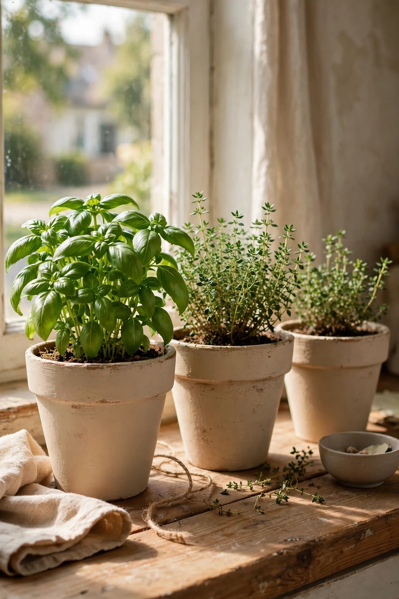 Beige painted herb pots on kitchen windowsill
