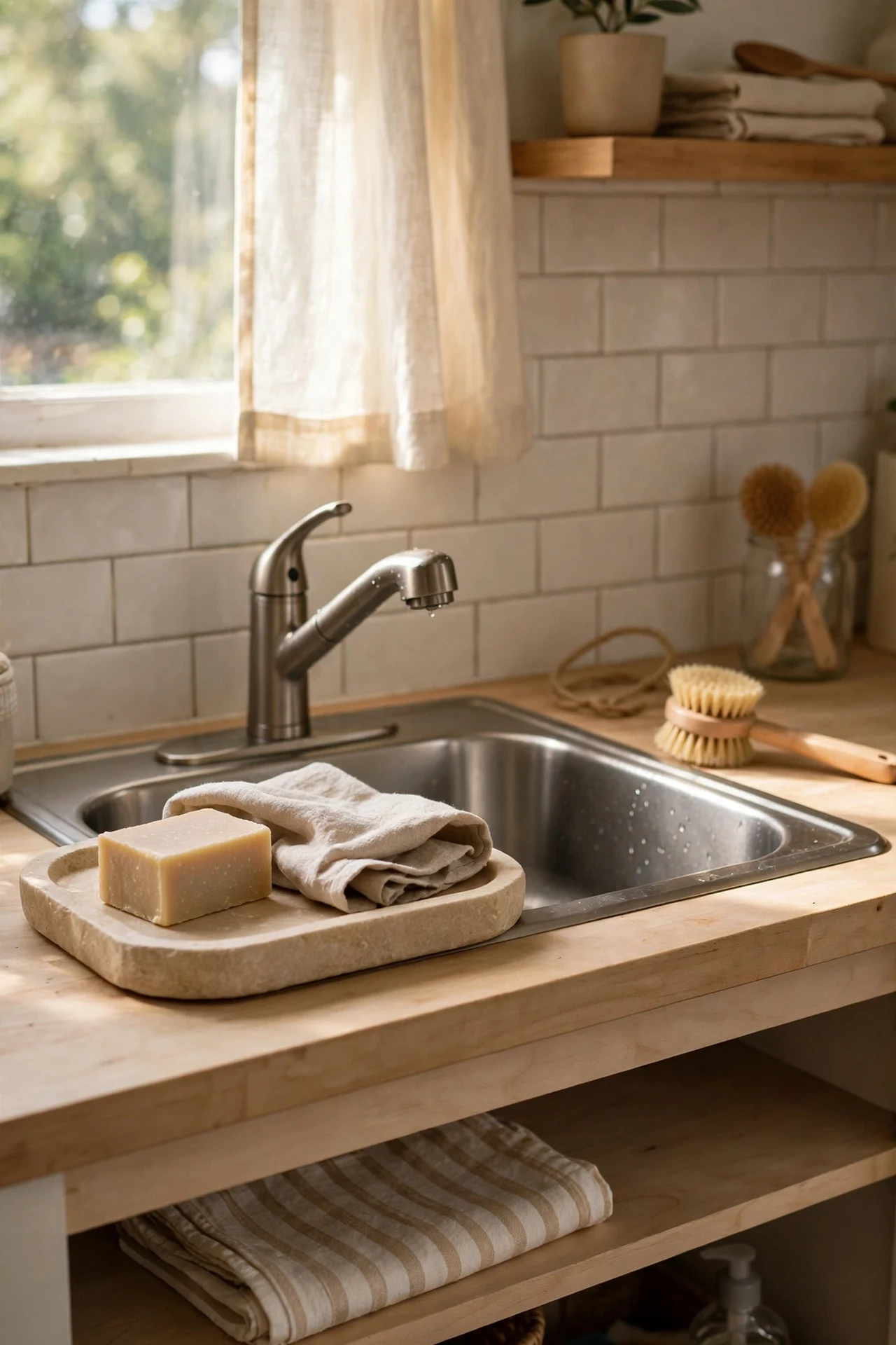 Kitchen sink with beige stone tray styling