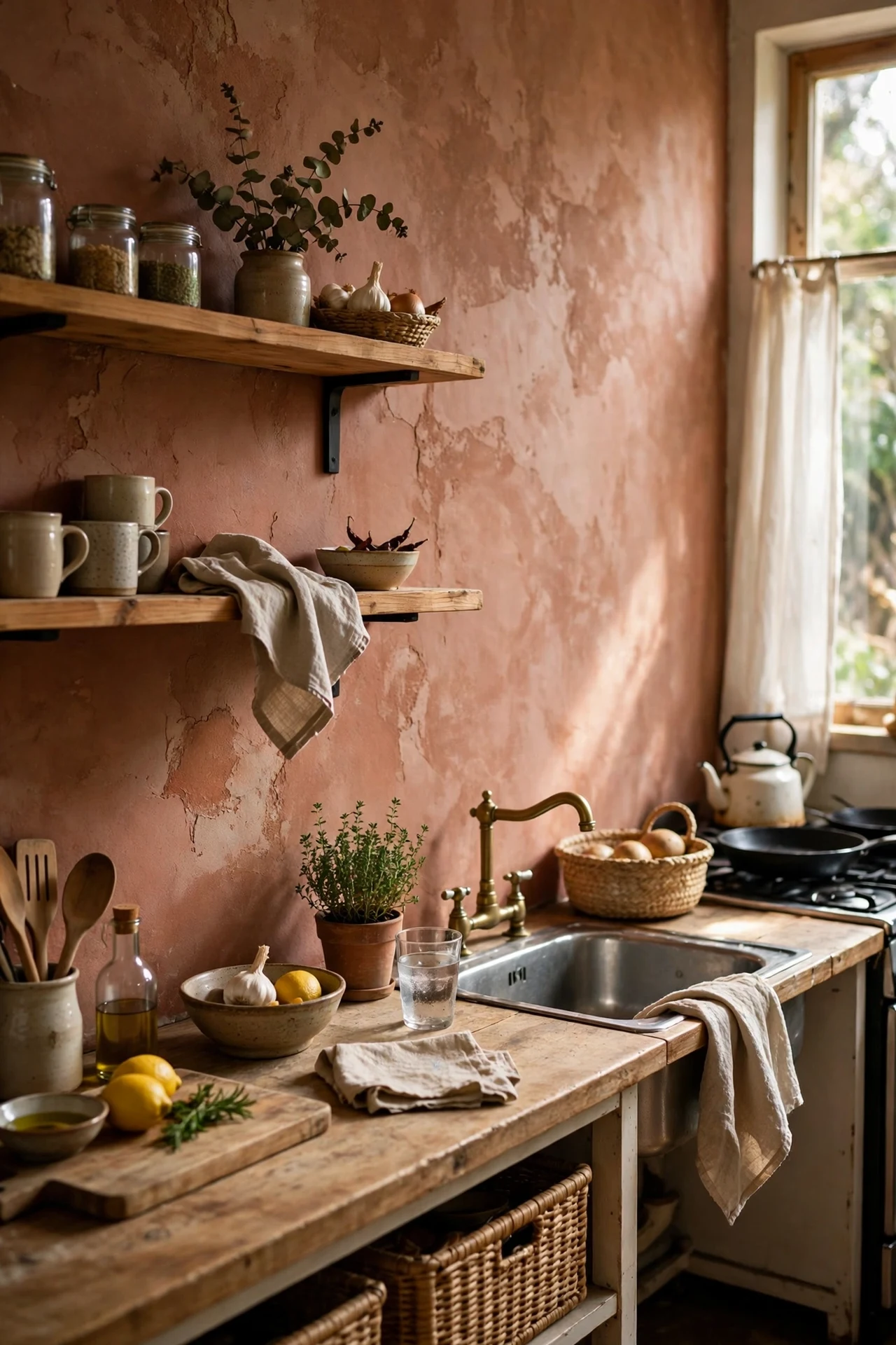Dusty terracotta feature wall in kitchen
