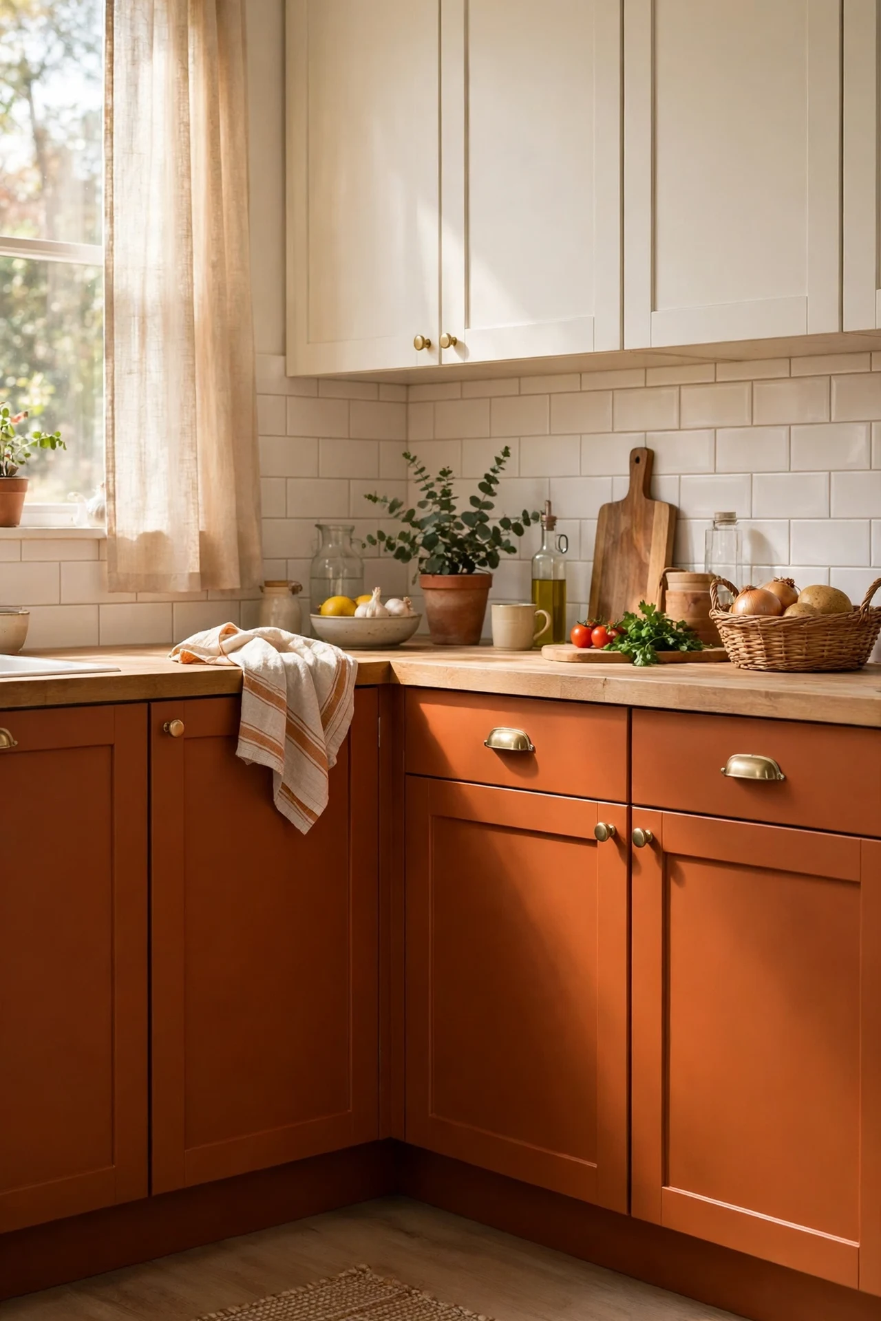 Burnt orange lower kitchen cabinets white uppers