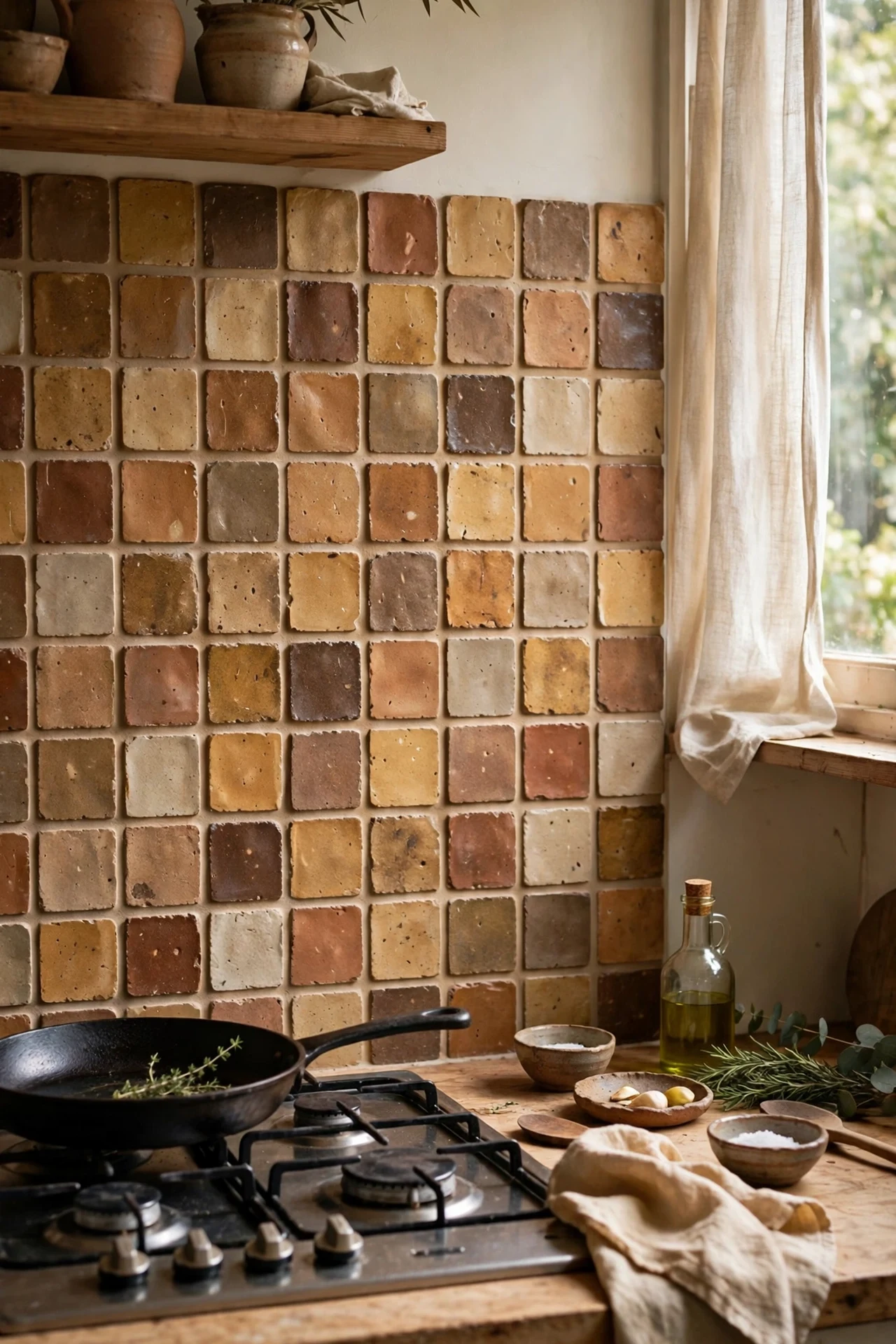 Clay toned handmade look kitchen splashback tiles