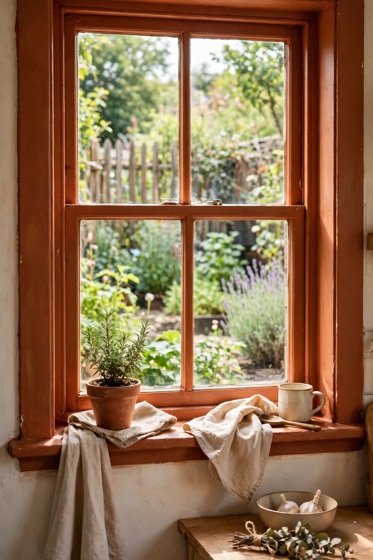 Terracotta painted kitchen window frame