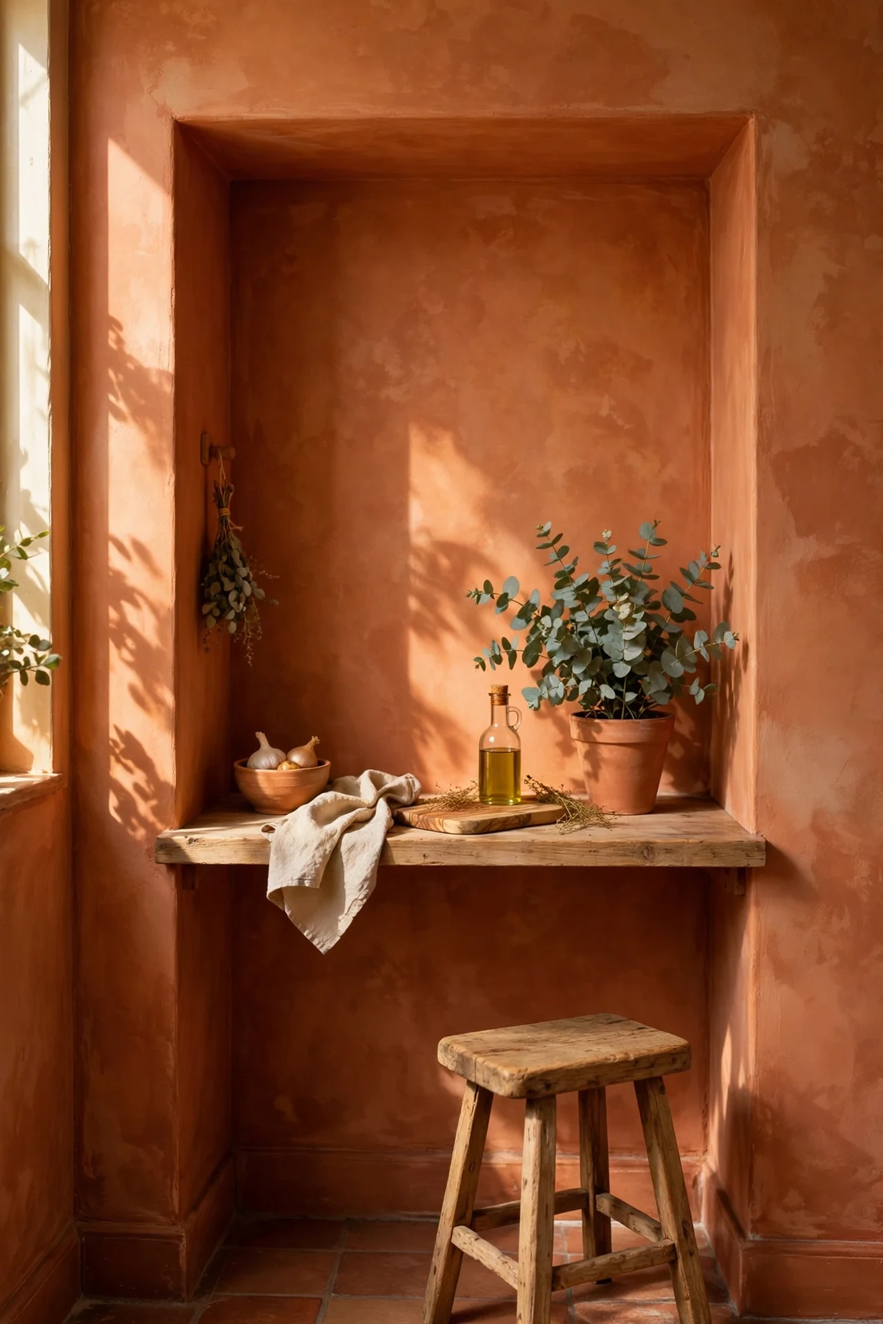 Limewash effect terracotta kitchen alcove