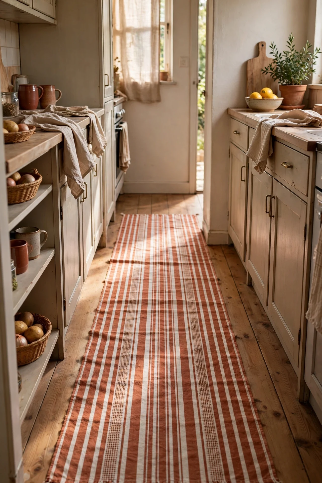 Terracotta striped cotton kitchen runner rug