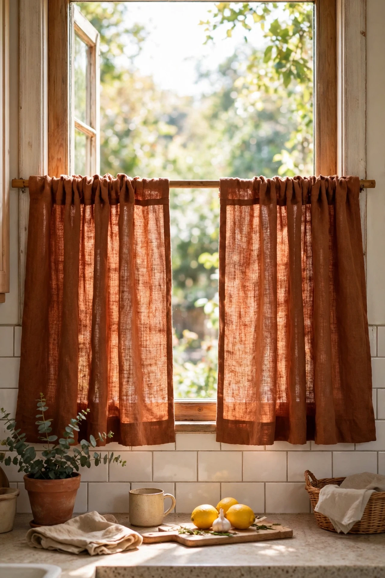 Rust linen cafe curtains on kitchen window