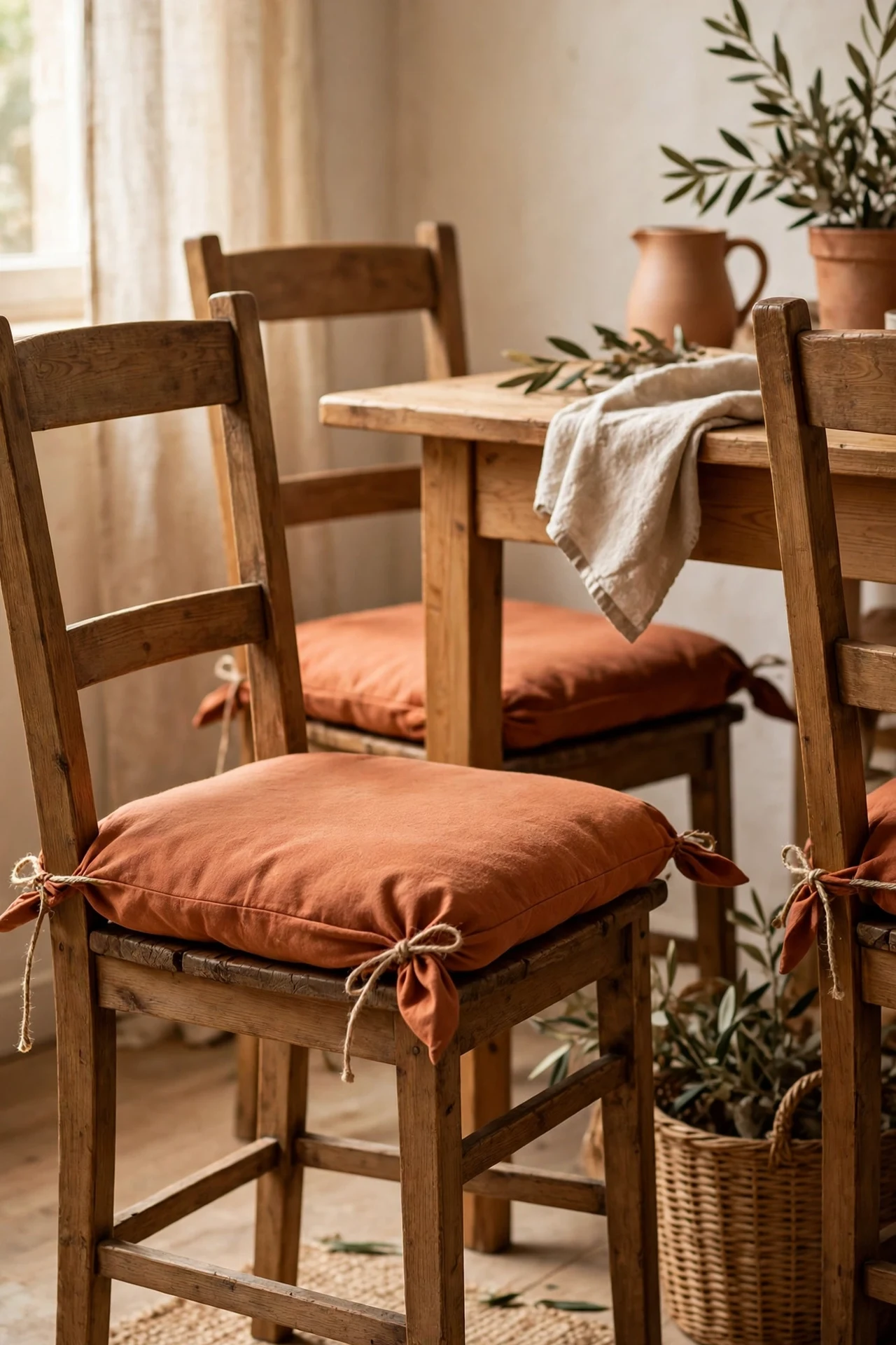 Terracotta no-sew seat cushions on chairs