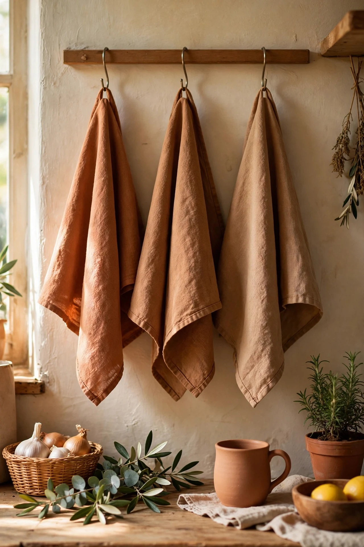 Clay toned tea towels on kitchen rail