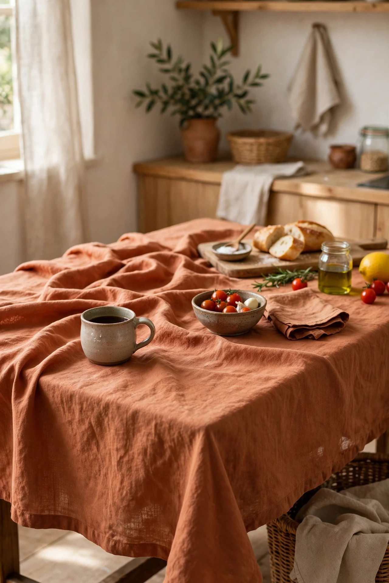 Terracotta washed linen tablecloth on table