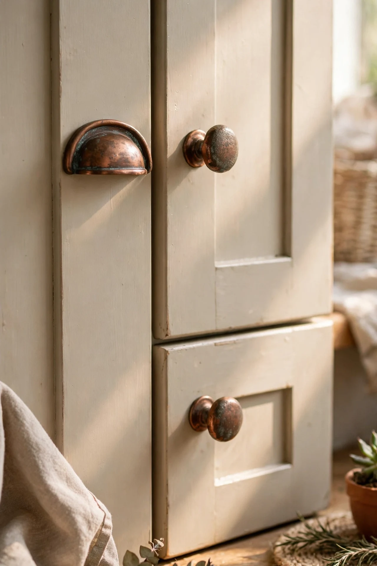 Aged copper cup pulls on kitchen cabinet doors