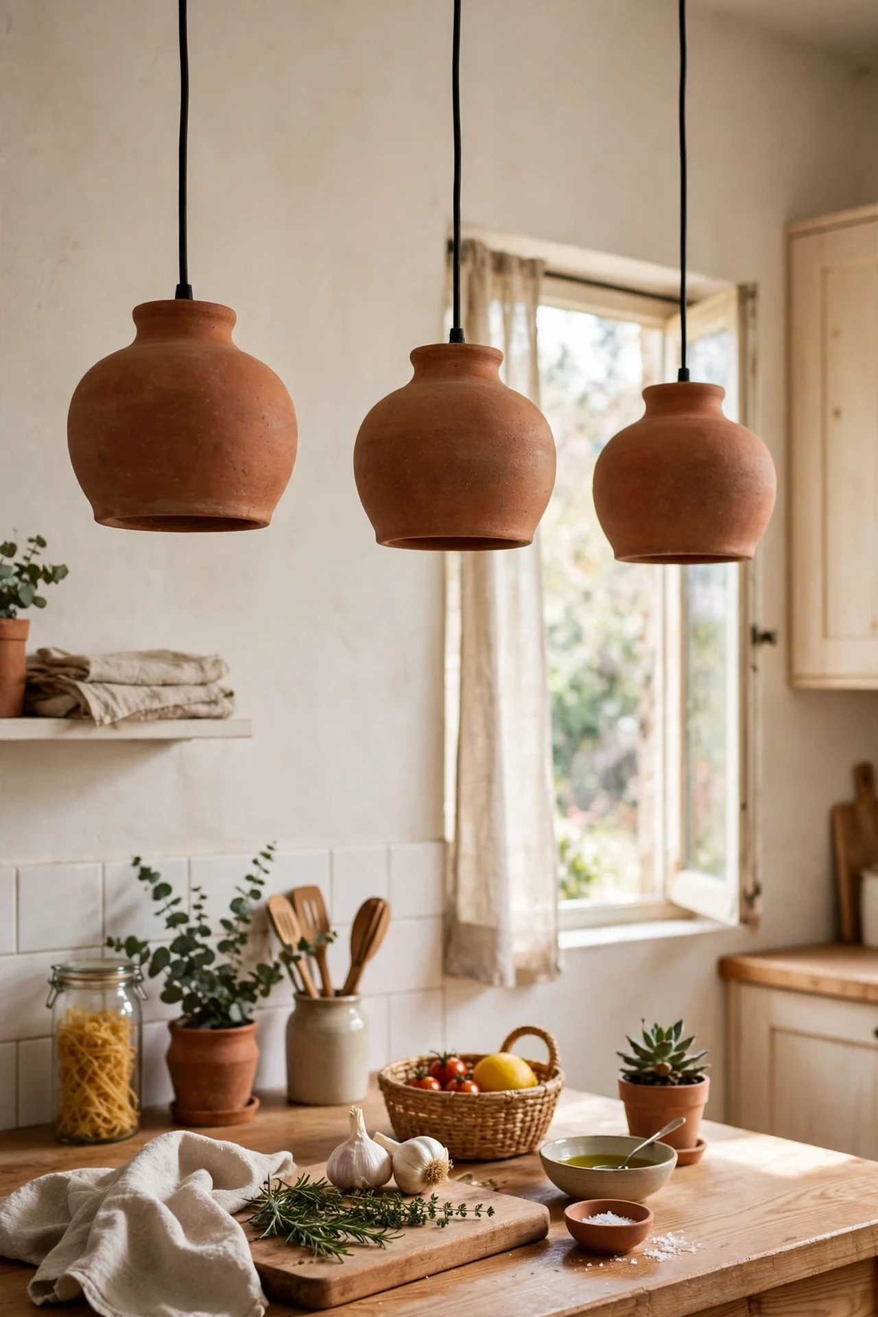 Terracotta ceramic pendant lights over worktop