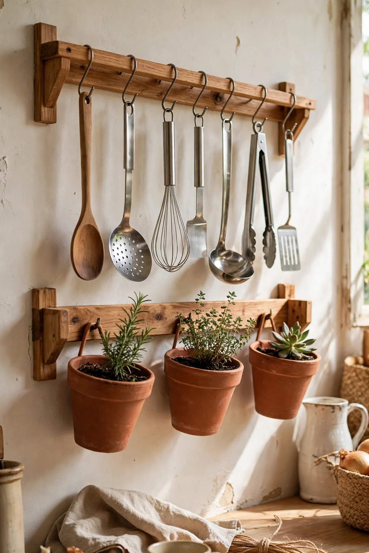 Wooden rail with terracotta pots and utensils