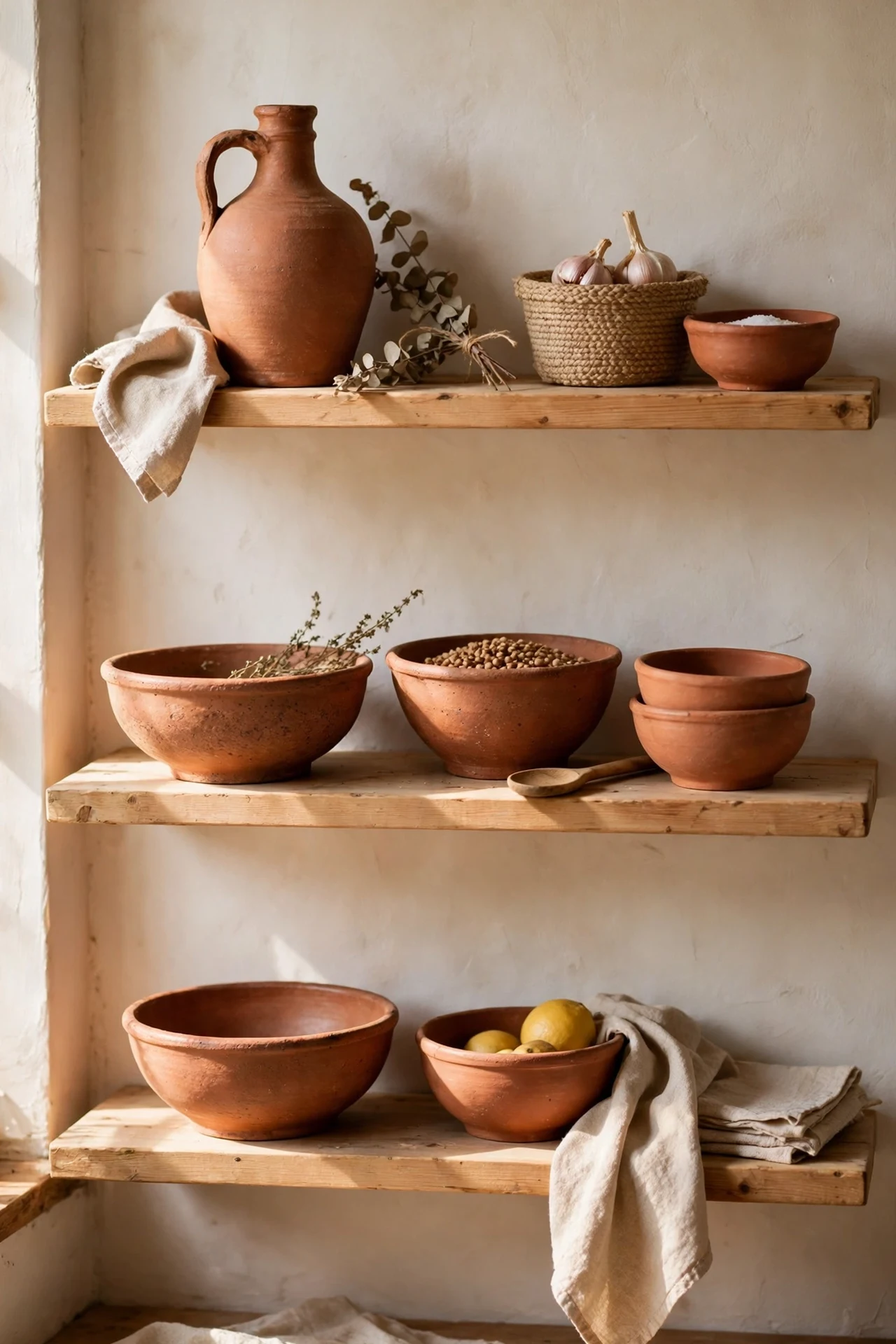 Open shelves styled with terracotta stoneware