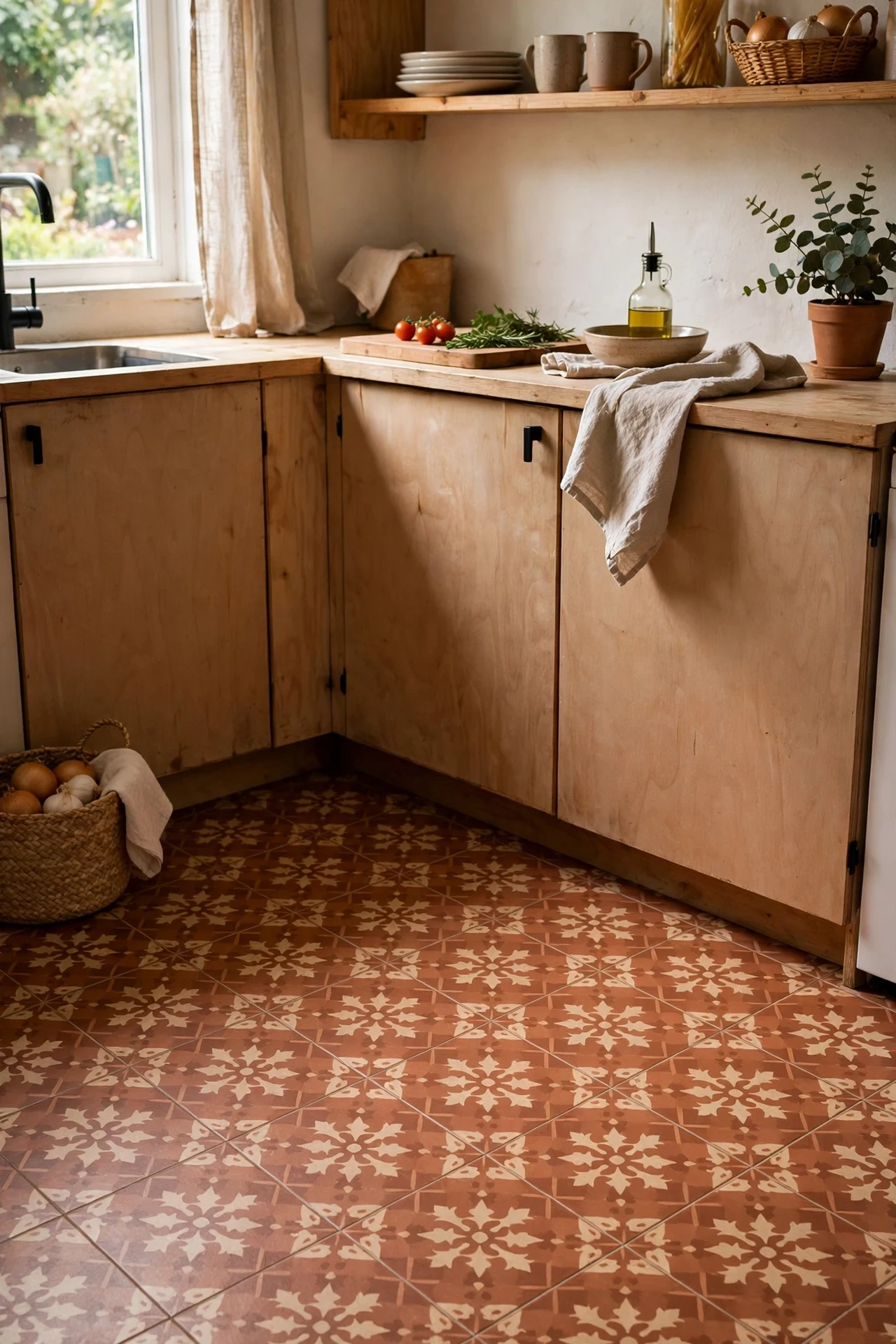 Terracotta look vinyl floor tiles in kitchen