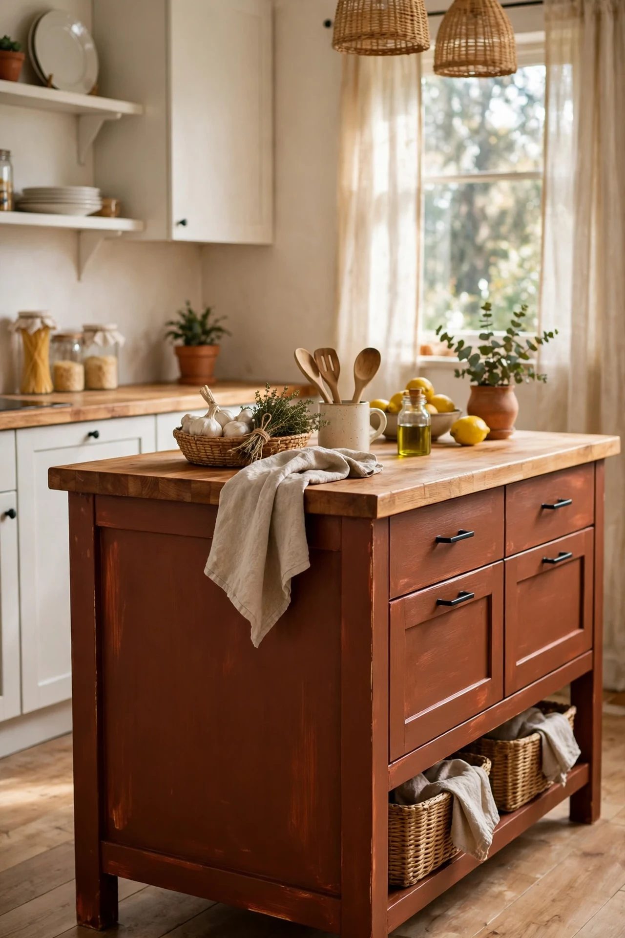 Kitchen island painted in burnt sienna