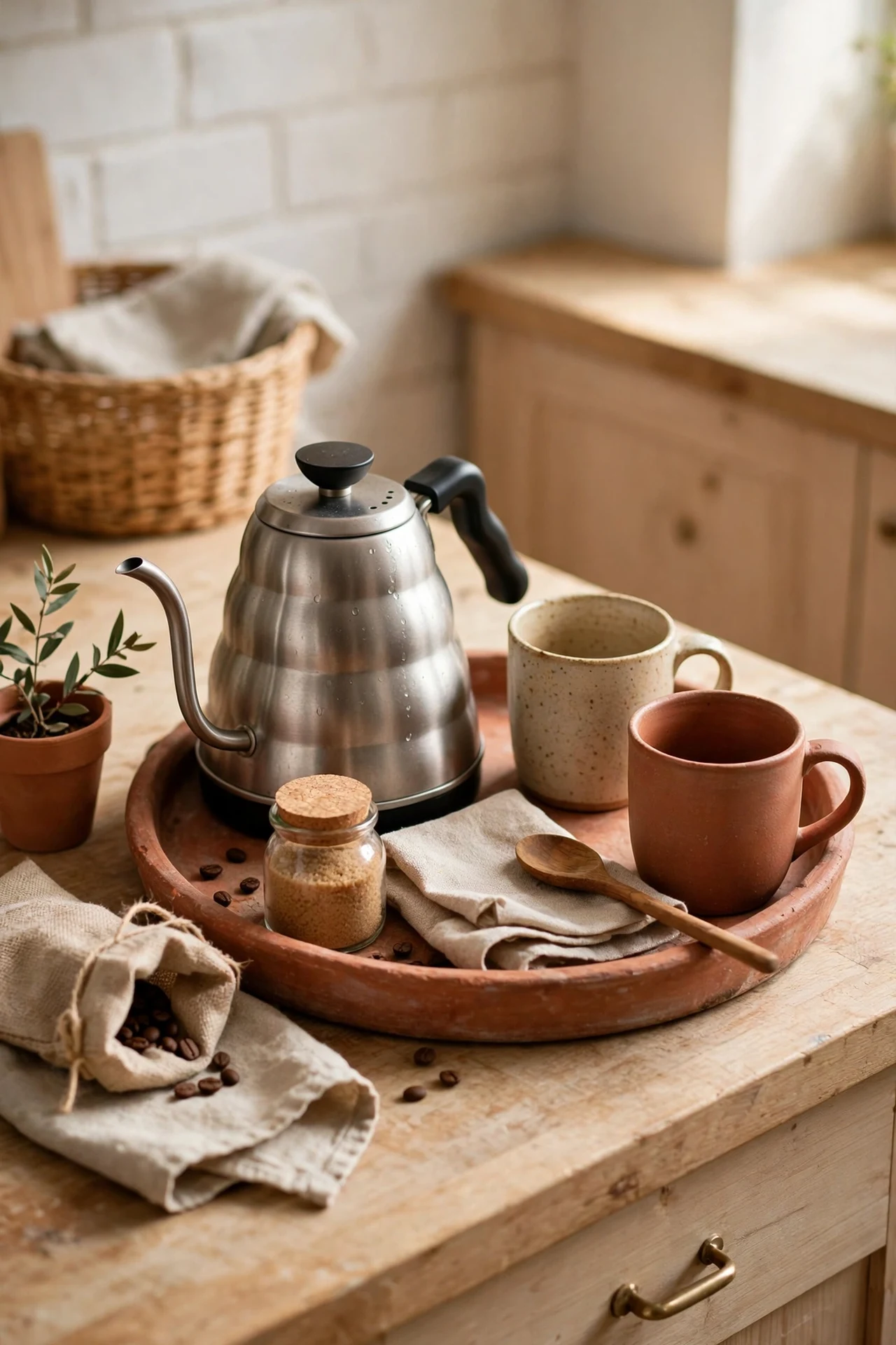 Terracotta tray coffee corner on worktop