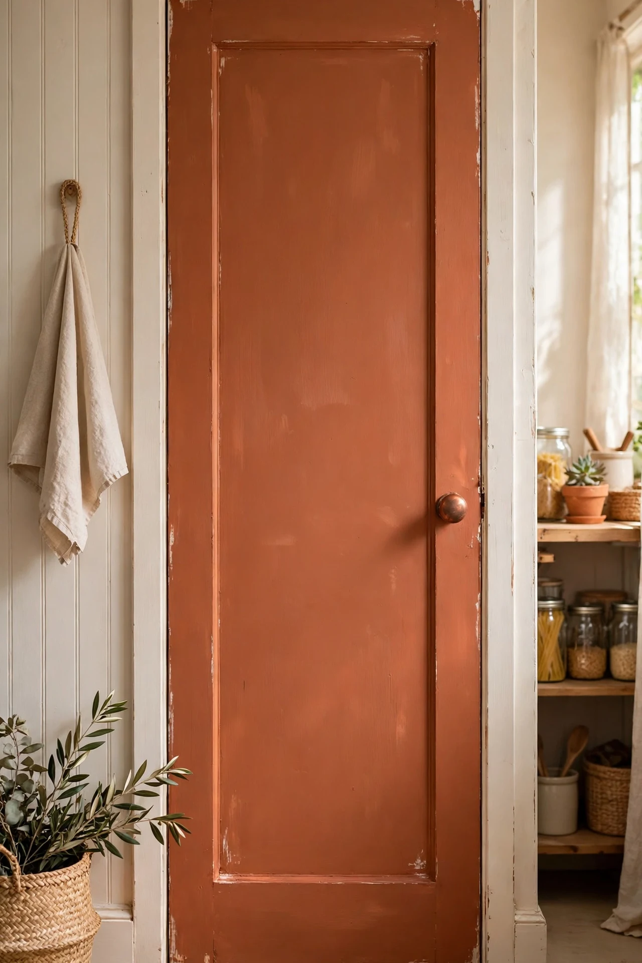 Terracotta painted kitchen pantry door