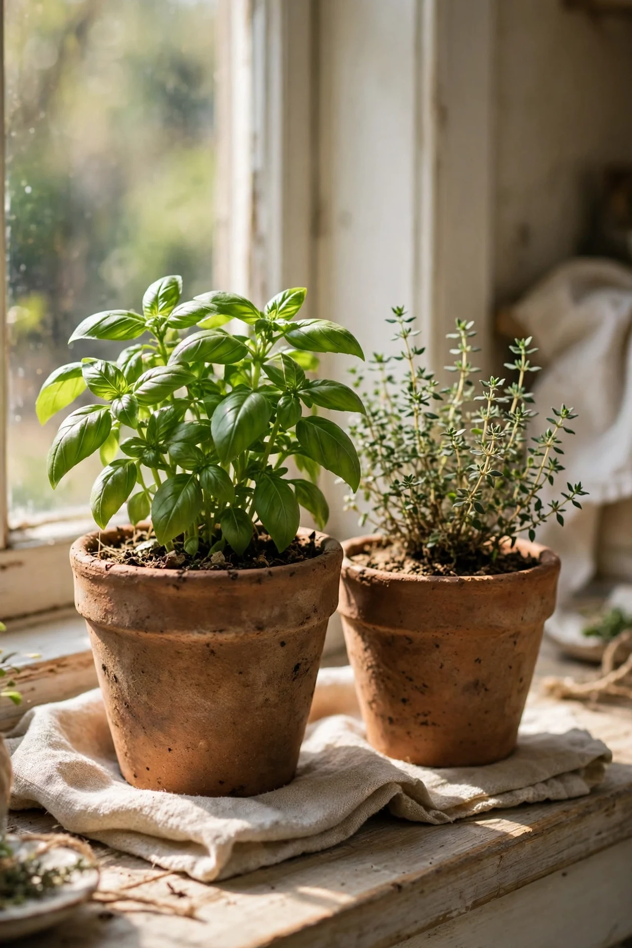Natural clay herb pots on kitchen windowsill