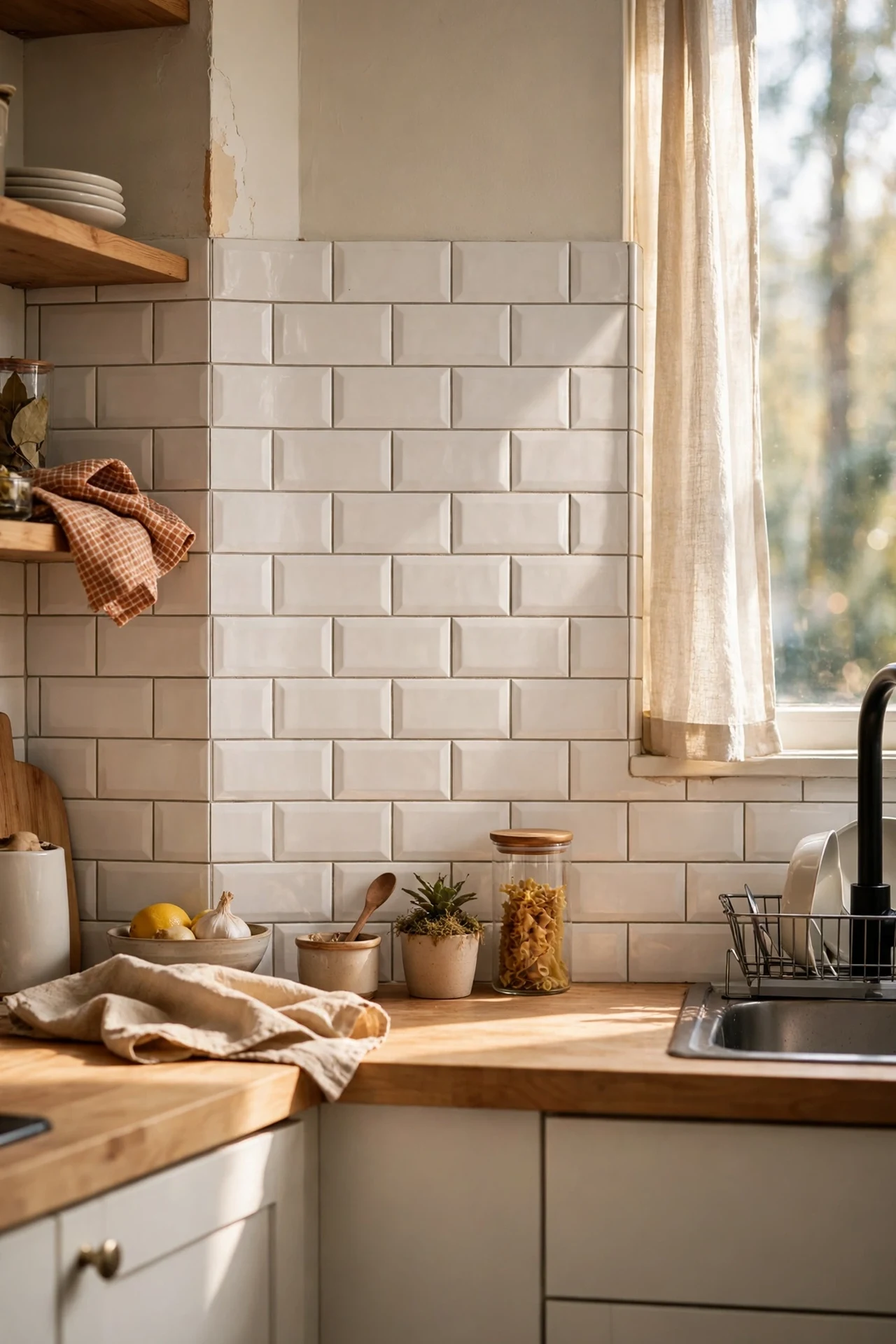Peel-and-stick subway tile backsplash in small rented kitchen