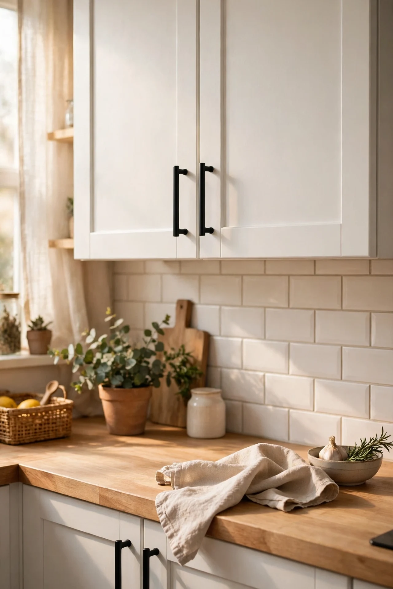 Matte black cabinet pulls on white rented kitchen cupboards