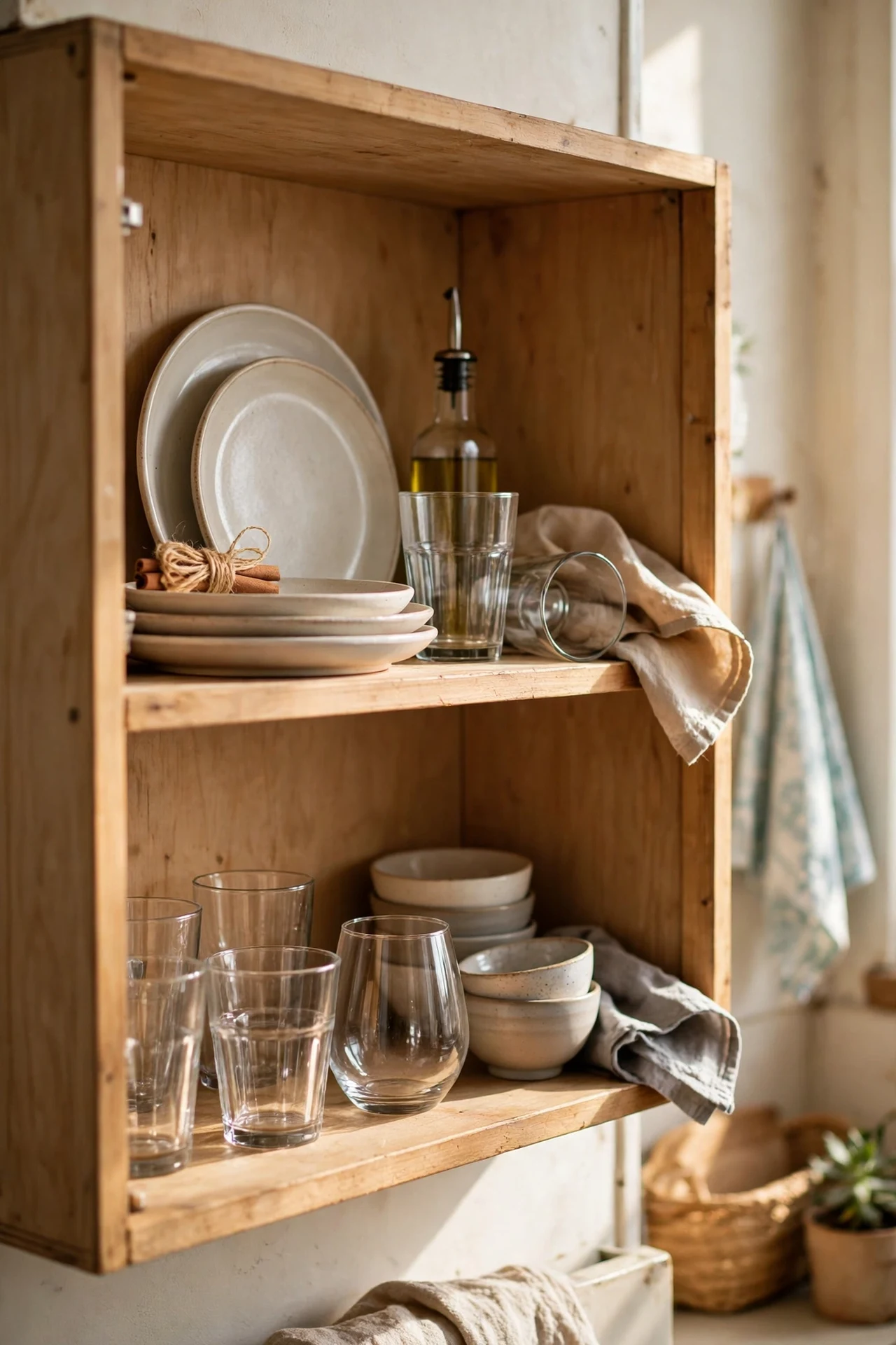 Open cabinet shelf styled with plates and glasses in apartment