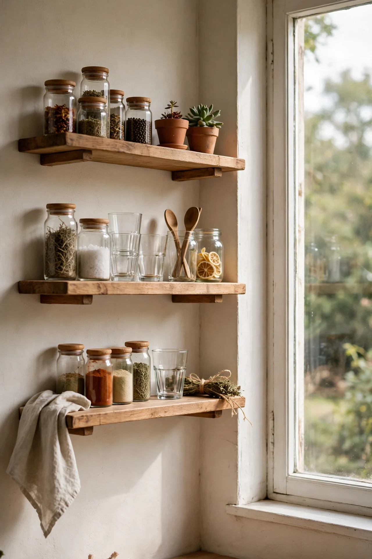 Wooden floating shelves beside kitchen window holding spice jars