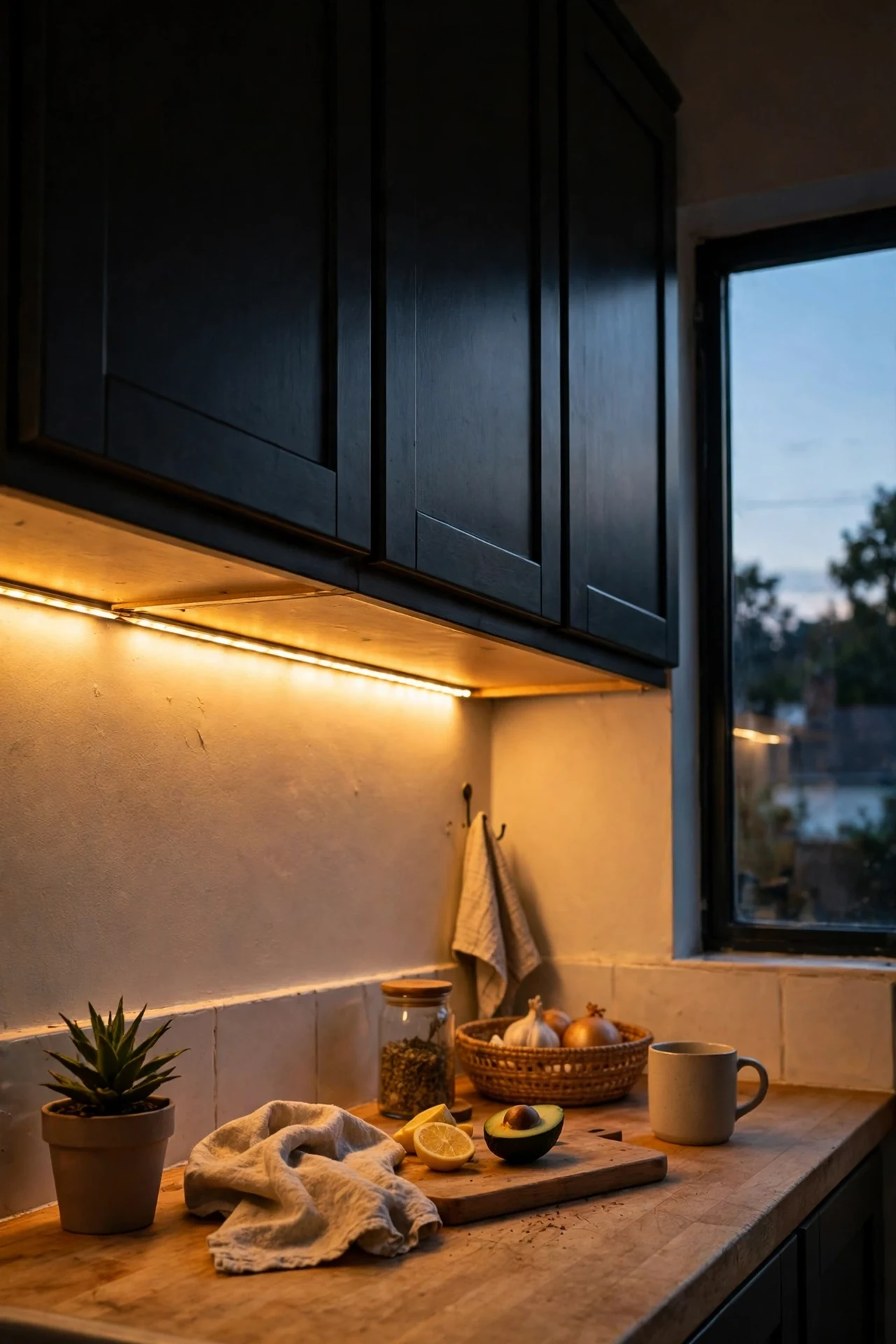Warm LED strip lighting glowing under dark kitchen wall cabinets