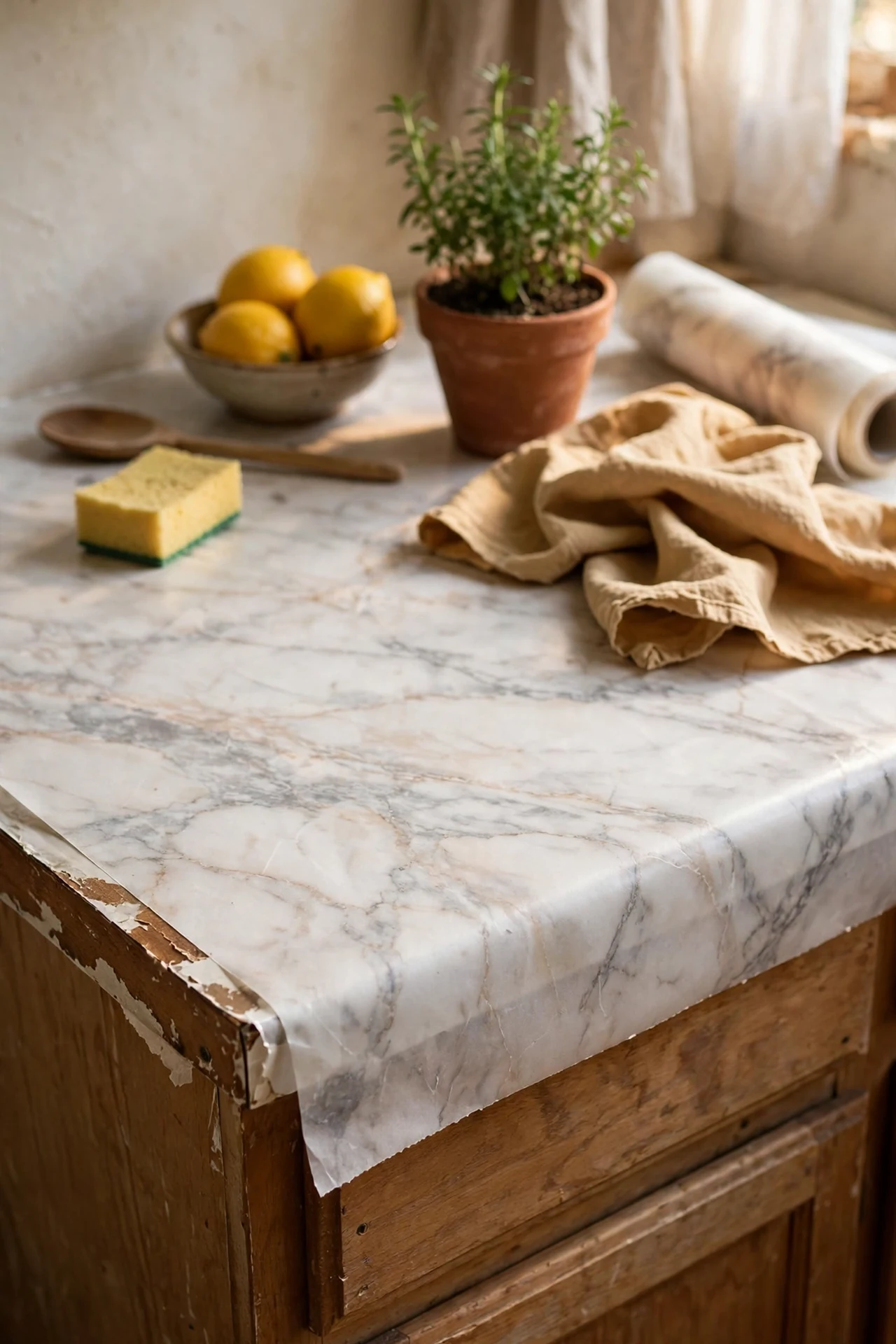 Marble effect contact paper covering old laminate kitchen worktop