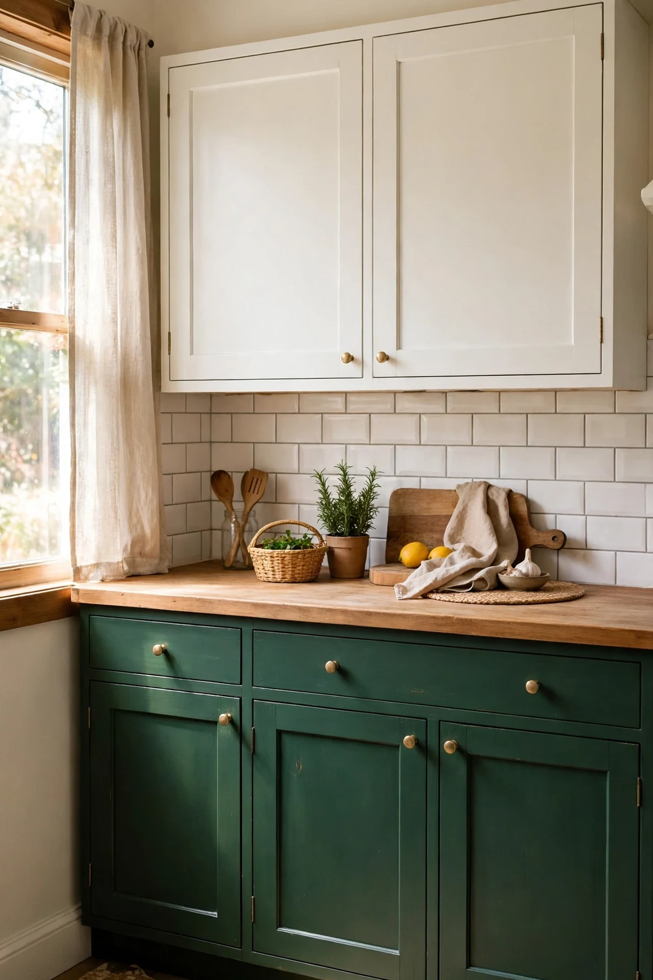 Deep green painted lower kitchen cabinets with white upper cupboards
