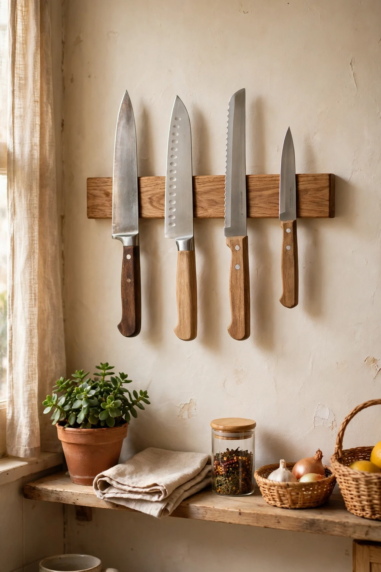 Wooden magnetic knife strip mounted on apartment kitchen wall