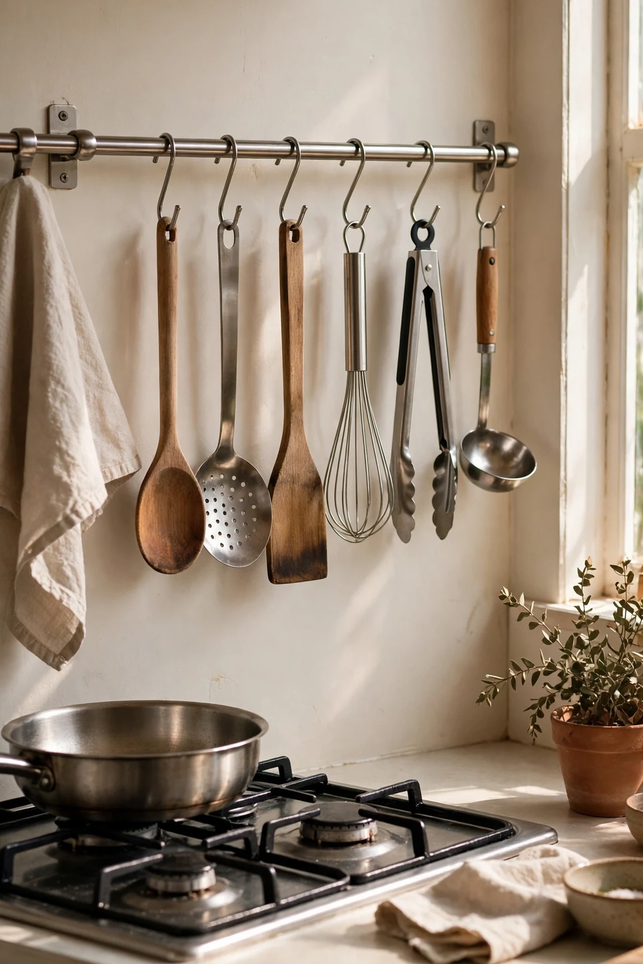 Stainless rail with S-hooks holding cooking utensils near hob